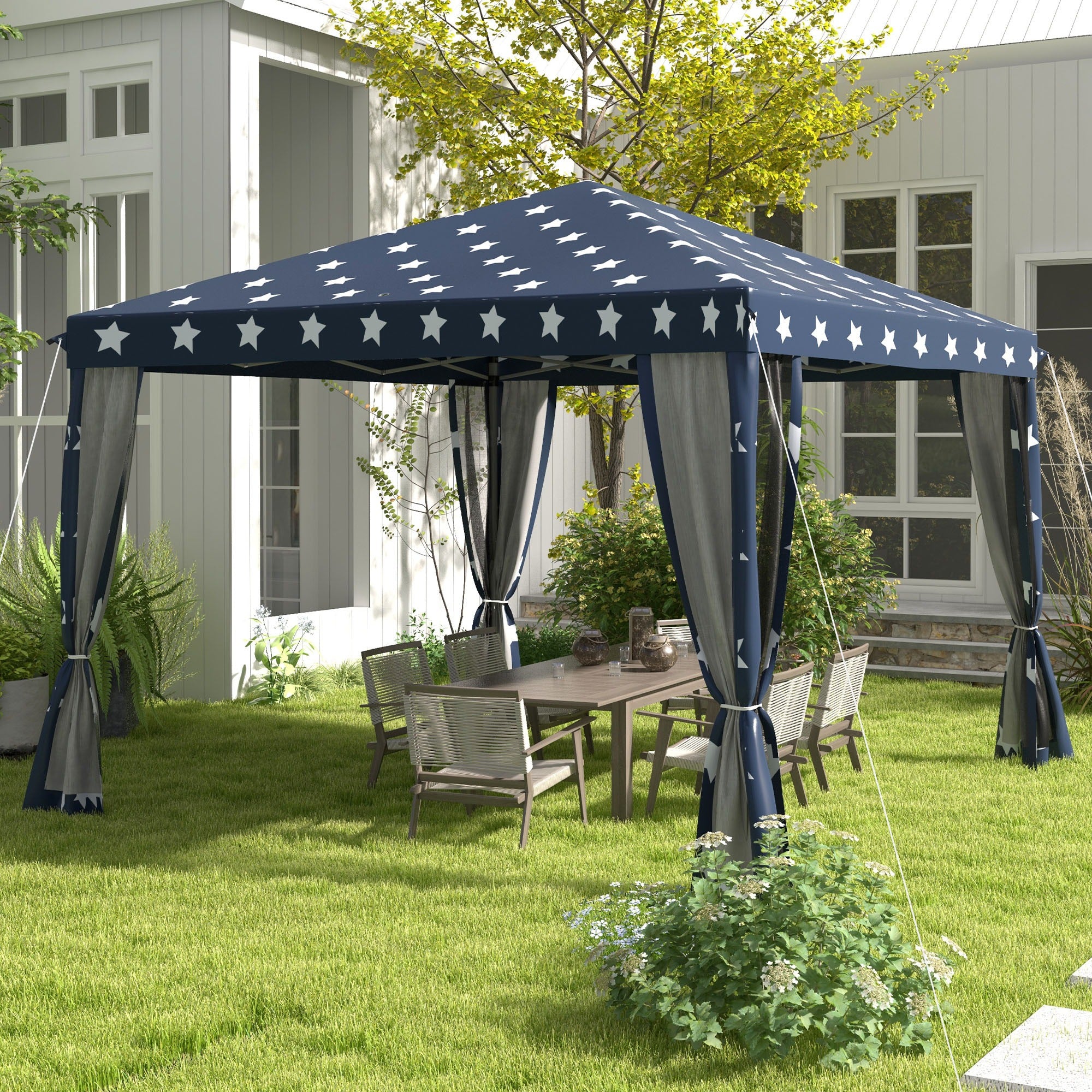 Outsunny 10' x 10' Pop Up Canopy Tent with Netting, Instant Gazebo for 4th of July Parties, Backyard BBQ & Outdoor Events – Navy Blue with Stars