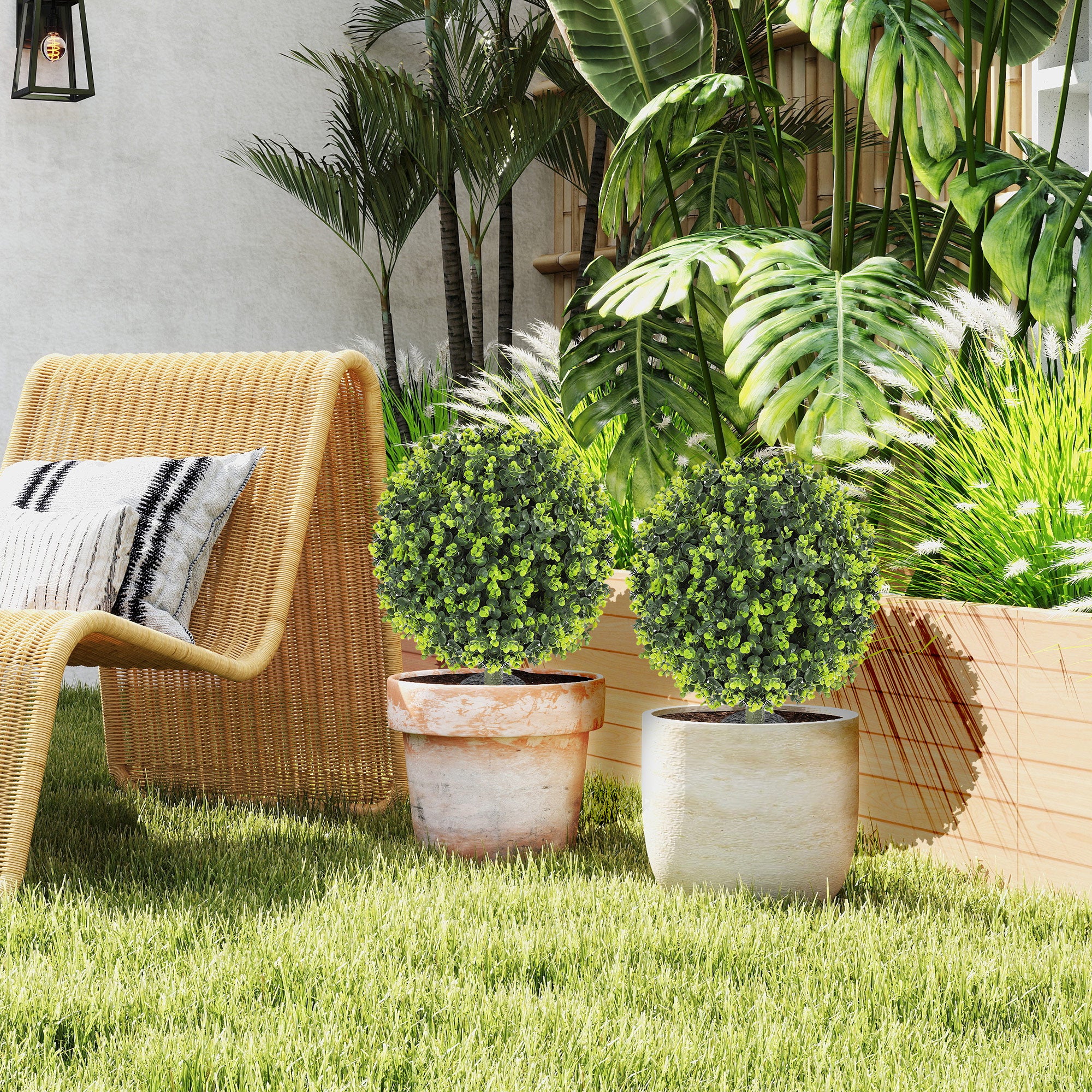 HOMCOM 2 Pack 1.3ft Artificial Ball Eucalyptus Topiary with Ground Stake, UV Resistant Faux Greenery for Indoor Outdoor