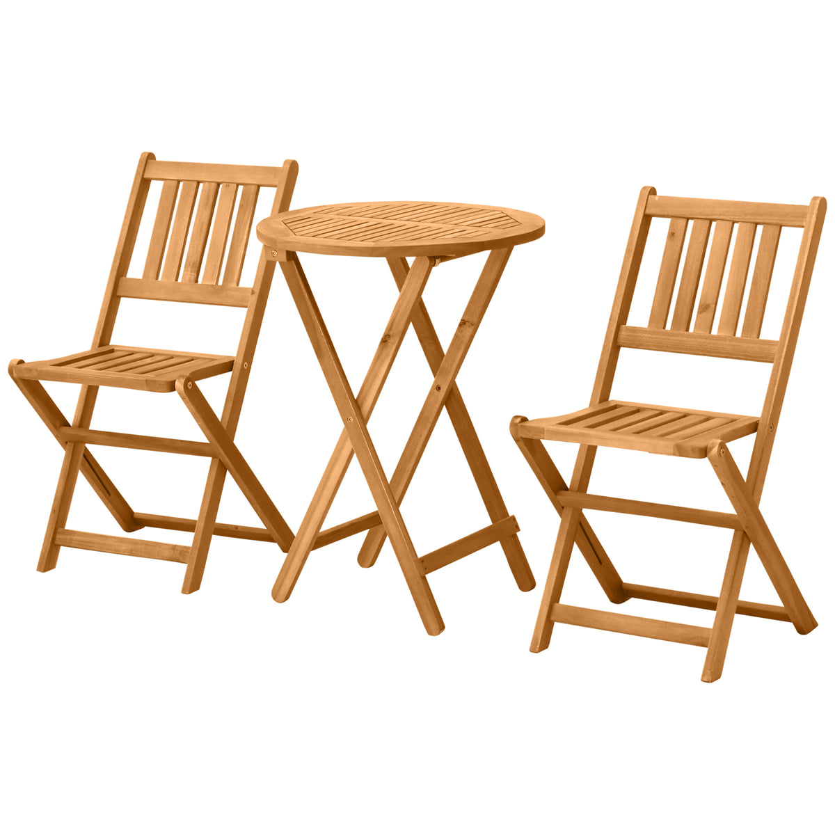 Outsunny 3-Piece Acacia Wood Bistro Set, Folding Patio Furniture with 2 Folding Chairs and Round Coffee Table, Teak, Slatted Finish, for Backyard, Balcony, Deck, Natural