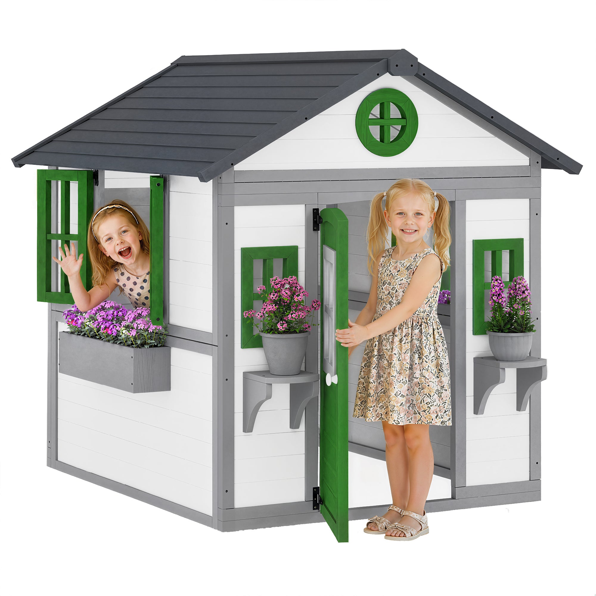 Outsunny Wooden Playhouse for Kids Outdoor with Doors, Windows, Planter Pots and Boxes for Toddlers 3-8 Years, White