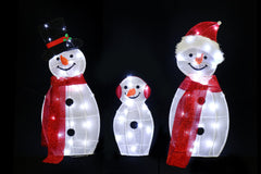 LED Mesh Tinsel Snowman Family 3pc Flash