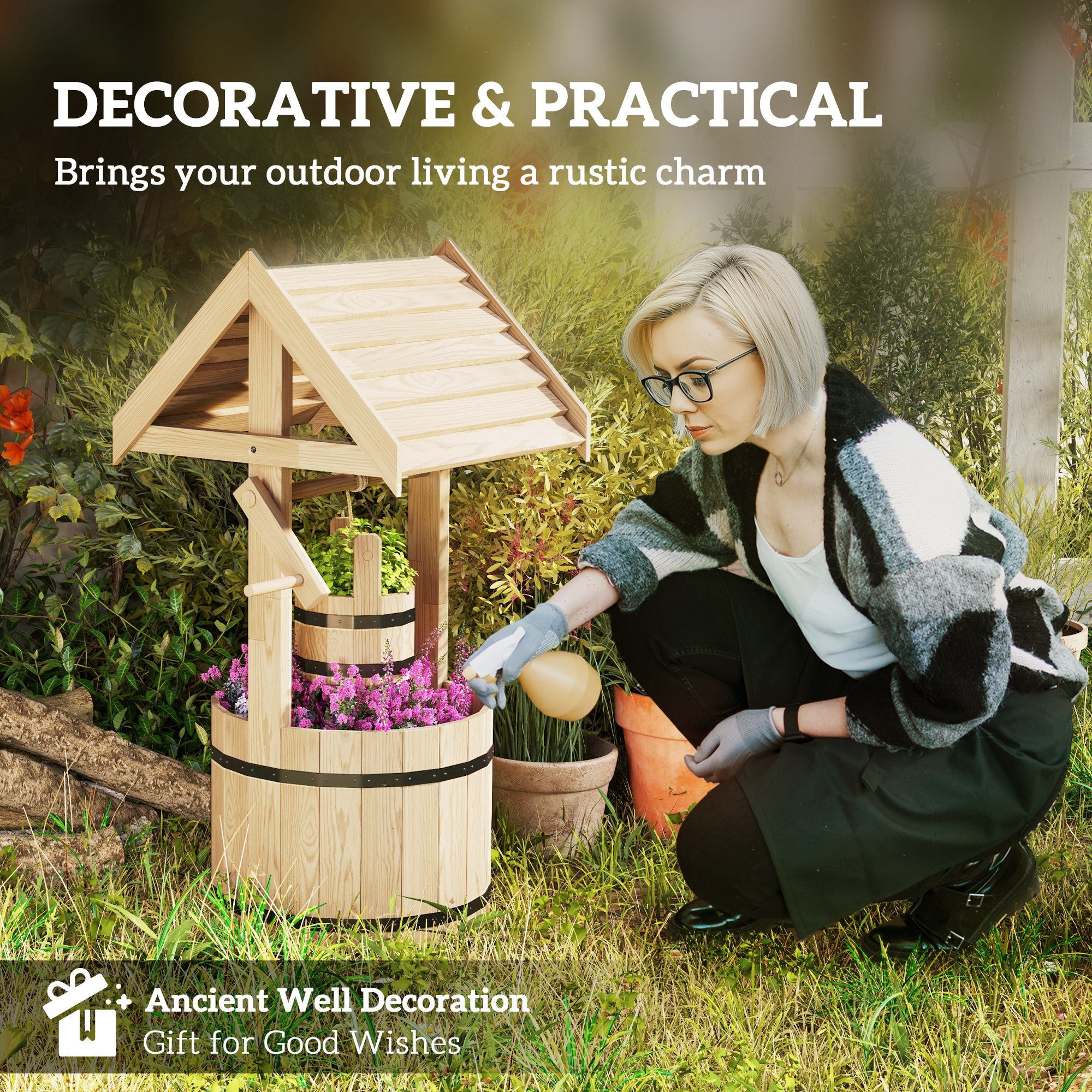 Outsunny Wood Wishing Well for Outside with Hanging Bucket, Wishing Well Planter with Drain Hole for Garden Patio, Natural