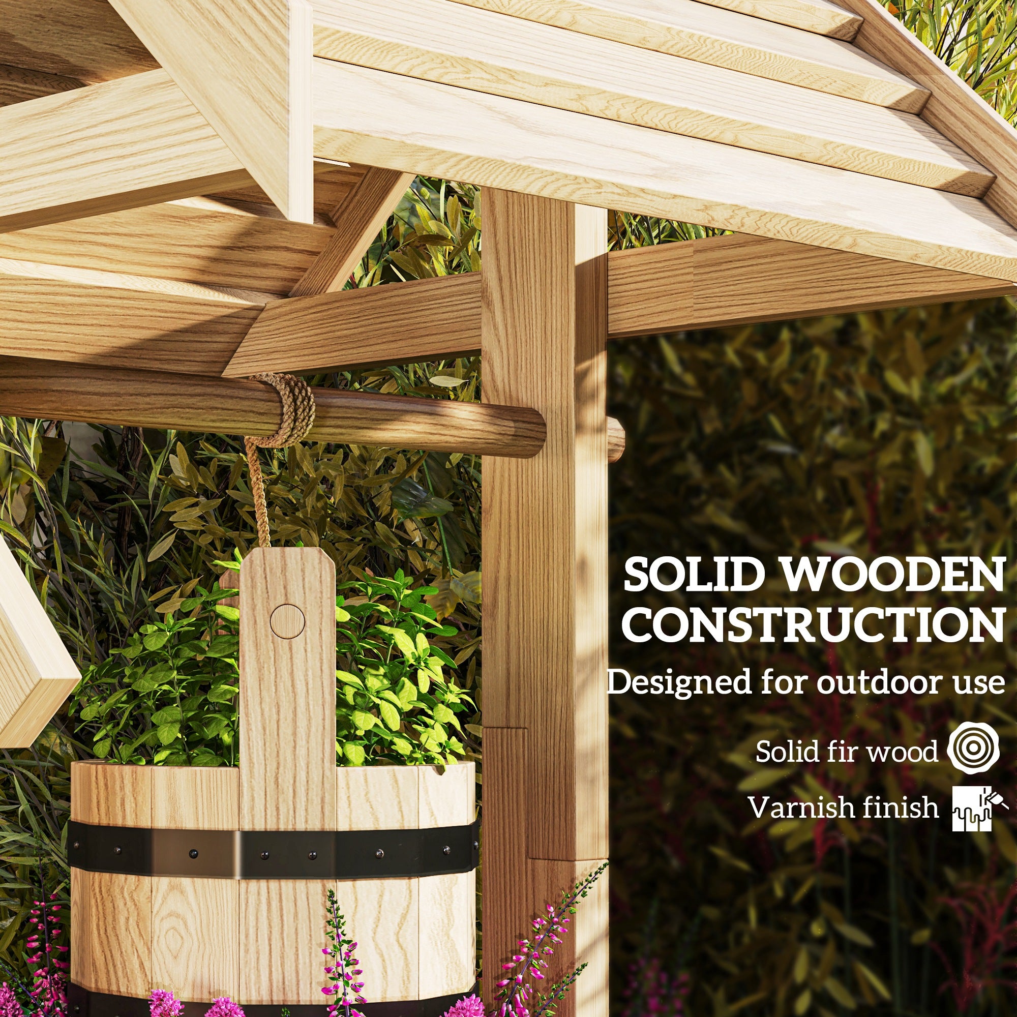 Outsunny Wood Wishing Well for Outside with Hanging Bucket, Wishing Well Planter with Drain Hole for Garden Patio, Natural