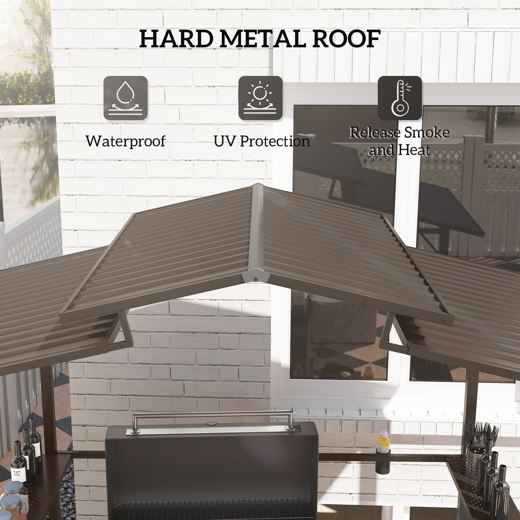 Outsunny 8 x 5ft Hardtop Grill Gazebo with Double Metal Roof, 2 Side Shelves and 4 Cup Holders for Patio Backyard Lawn Deck