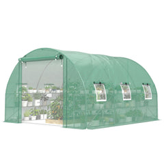 Outsunny 10'x11'x6' Walk-in Tunnel Greenhouse with Shelves, Mesh Door and Windows, Hoop House Greenhouse with PE Cover, Green