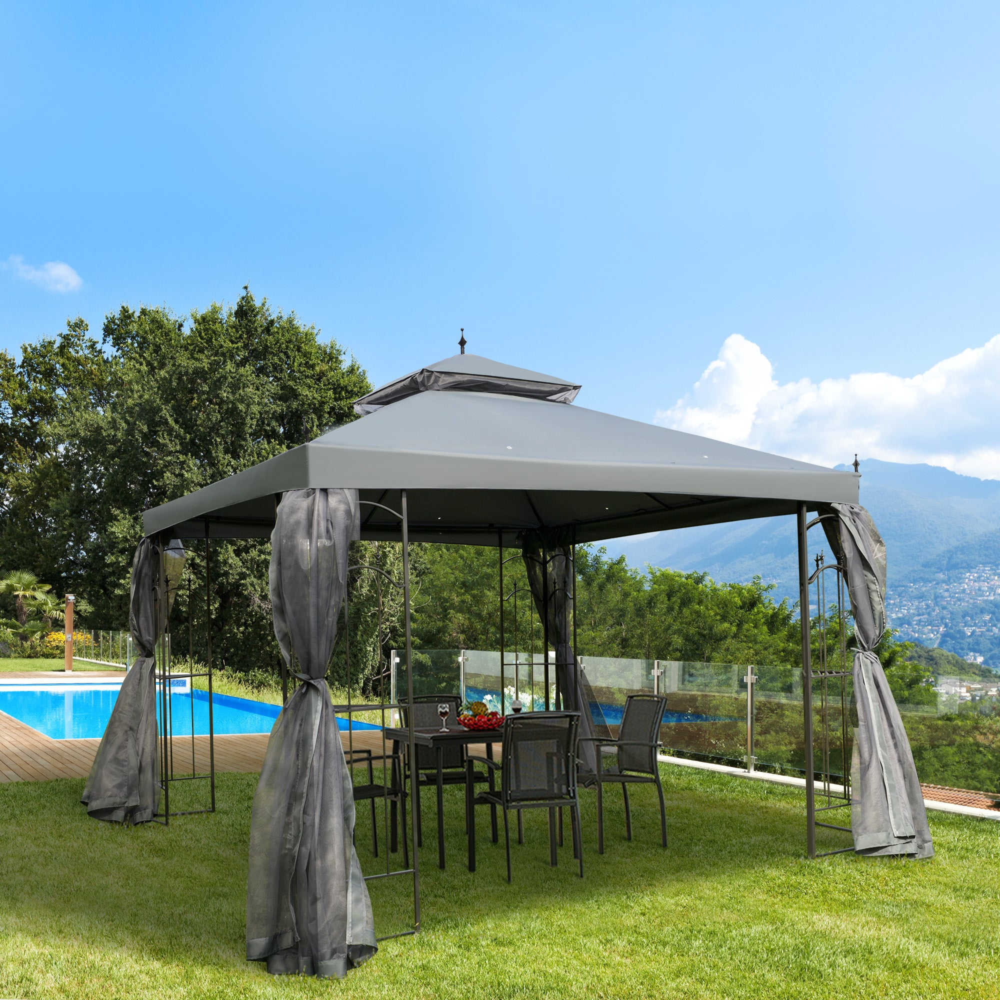 Outsunny 118" x 118" Steel Outdoor Patio Gazebo Canopy with Removable Mesh Curtains, Display Shelves, & Steel Frame, Gray