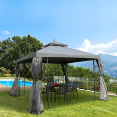 Outsunny 118" x 118" Steel Outdoor Patio Gazebo Canopy with Removable Mesh Curtains, Display Shelves, & Steel Frame, Gray