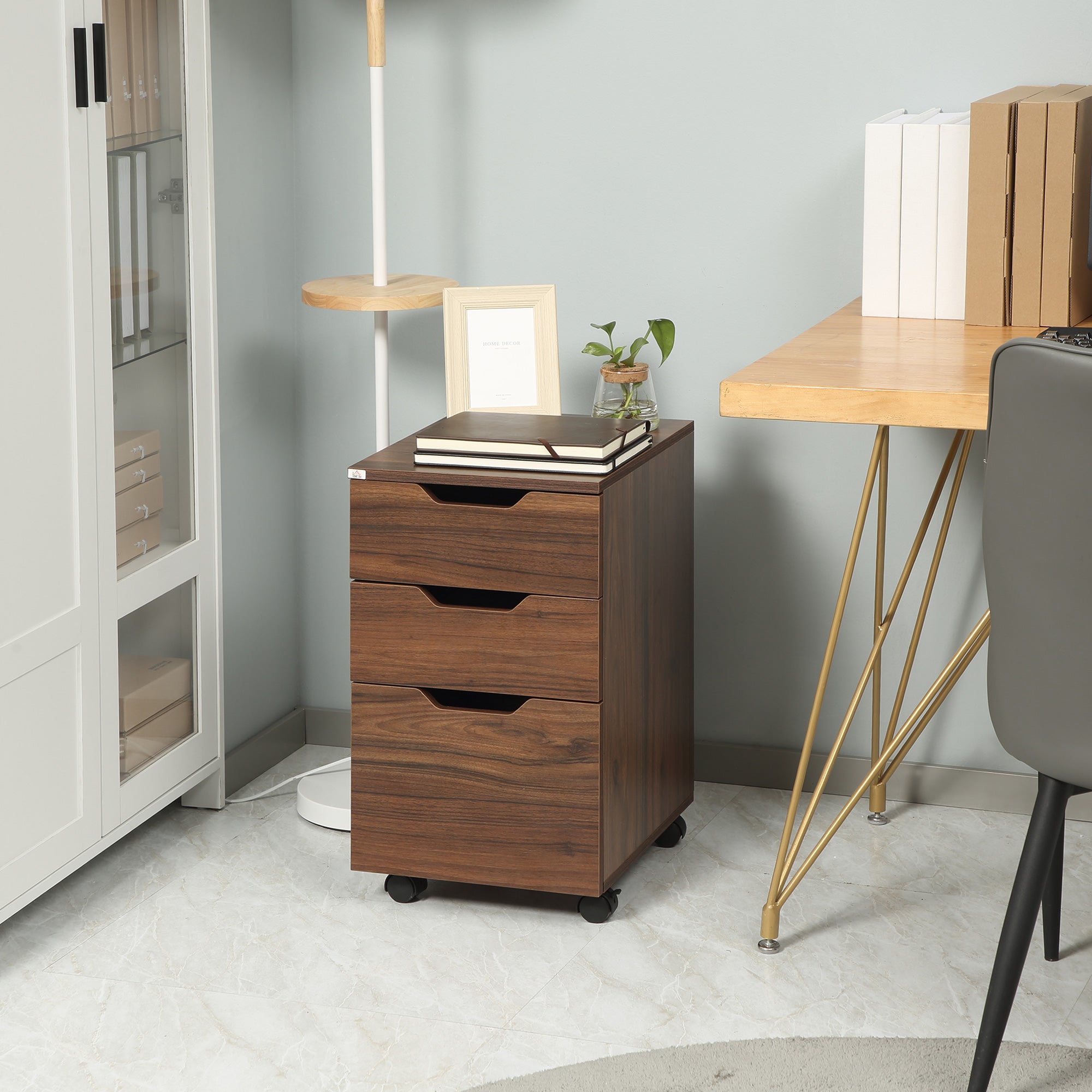 HOMCOM 3 Drawer Mobile File Cabinet, Rolling Printer Stand, Vertical Filing Cabinet, Brown Wood Grain