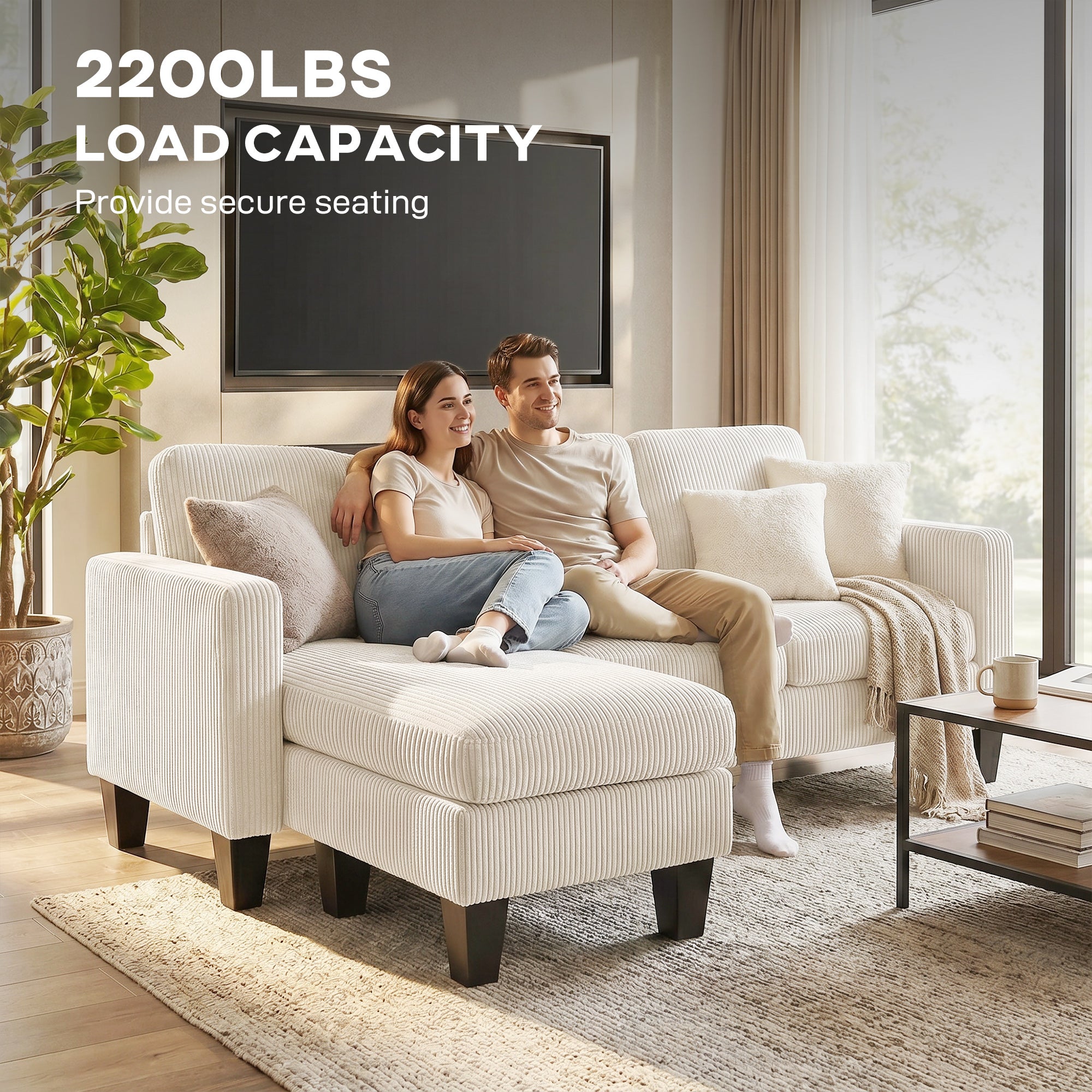 HOMCOM Sectional Sofa, L Shaped Couch, with Reversible Chaise or Ottoman, Cream White
