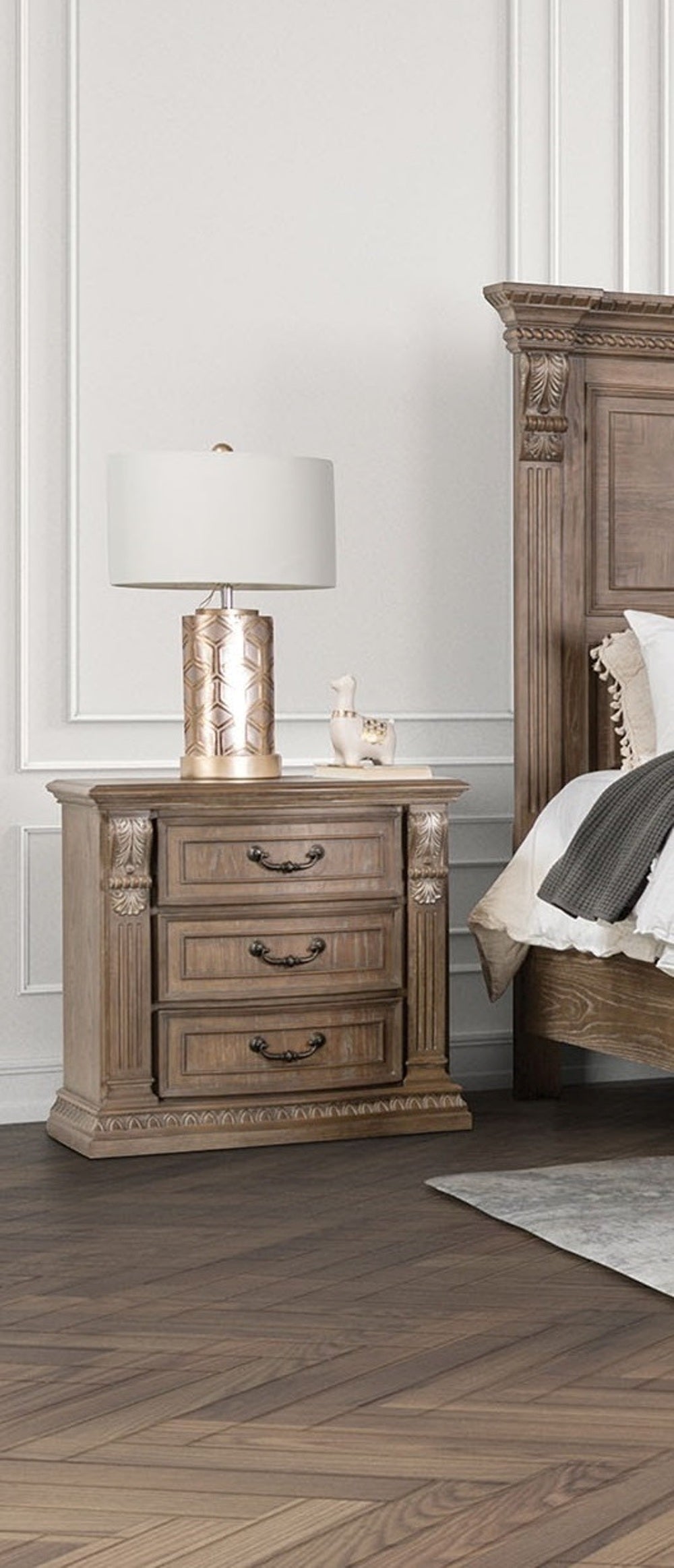 Luxurious Traditional Look 1pc Nightstand Weather Oak Finish Curved Detail Bedroom Furniture Solid wood Bedside Table