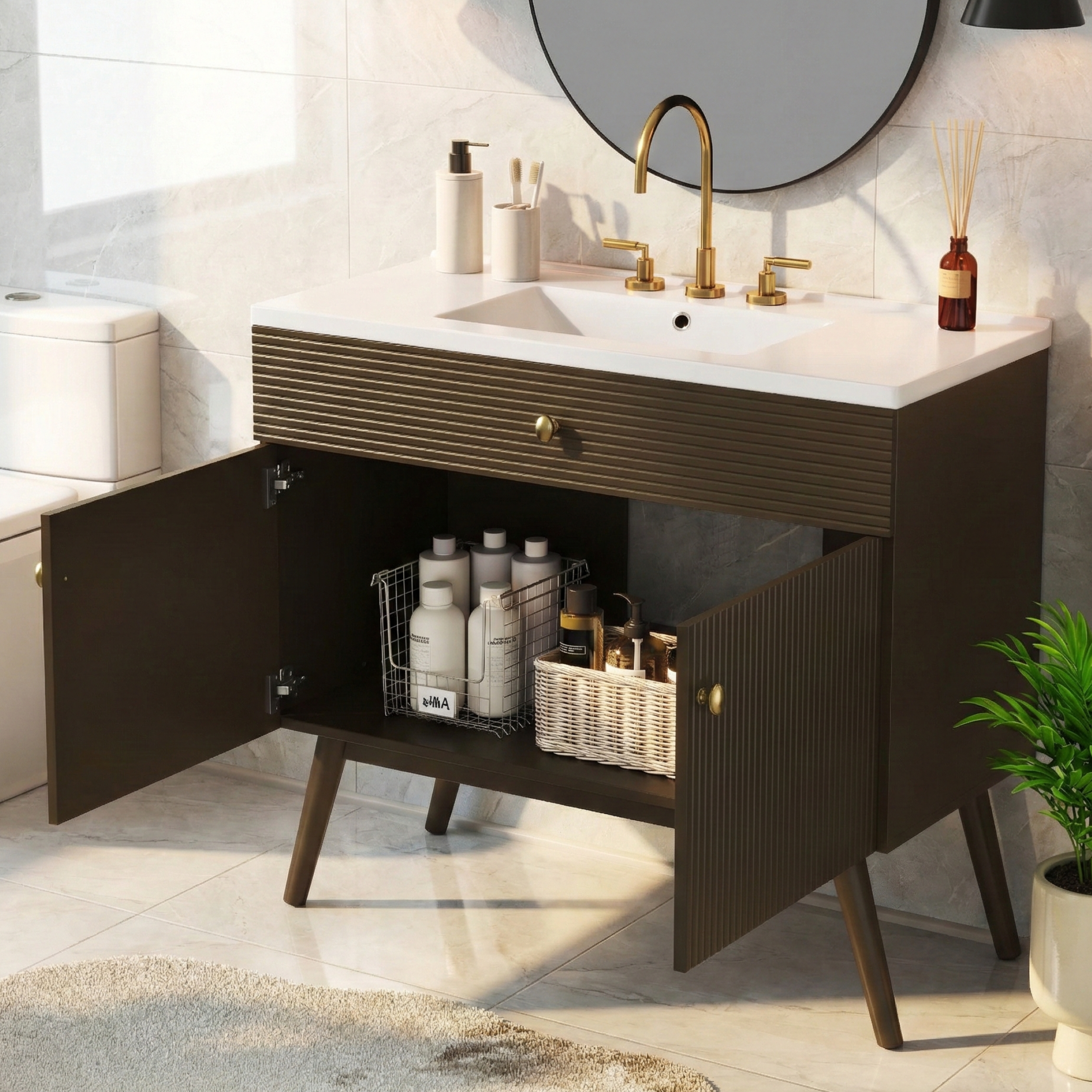 36" Luxury Striped Dark Brown Vanity: Soft-Close Dual-Door Storage & Premium Ceramic Sink