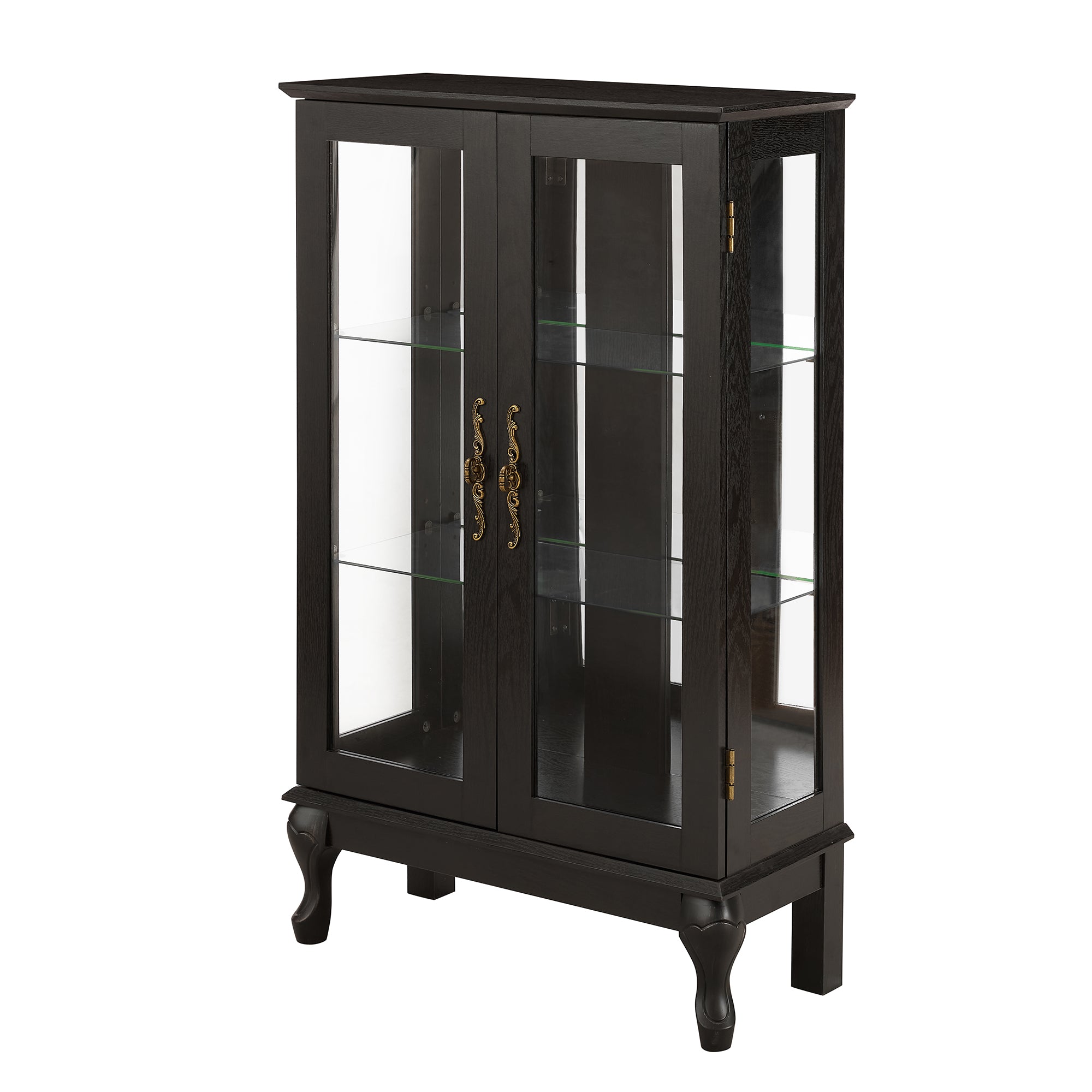 Curio Cabinet with Tempered Glass Doors, Lighted Display Cabinet with Mirrored Back Panel & Adjustable Shelves Perfect for Home or Office (Light Bulb Included)- Black