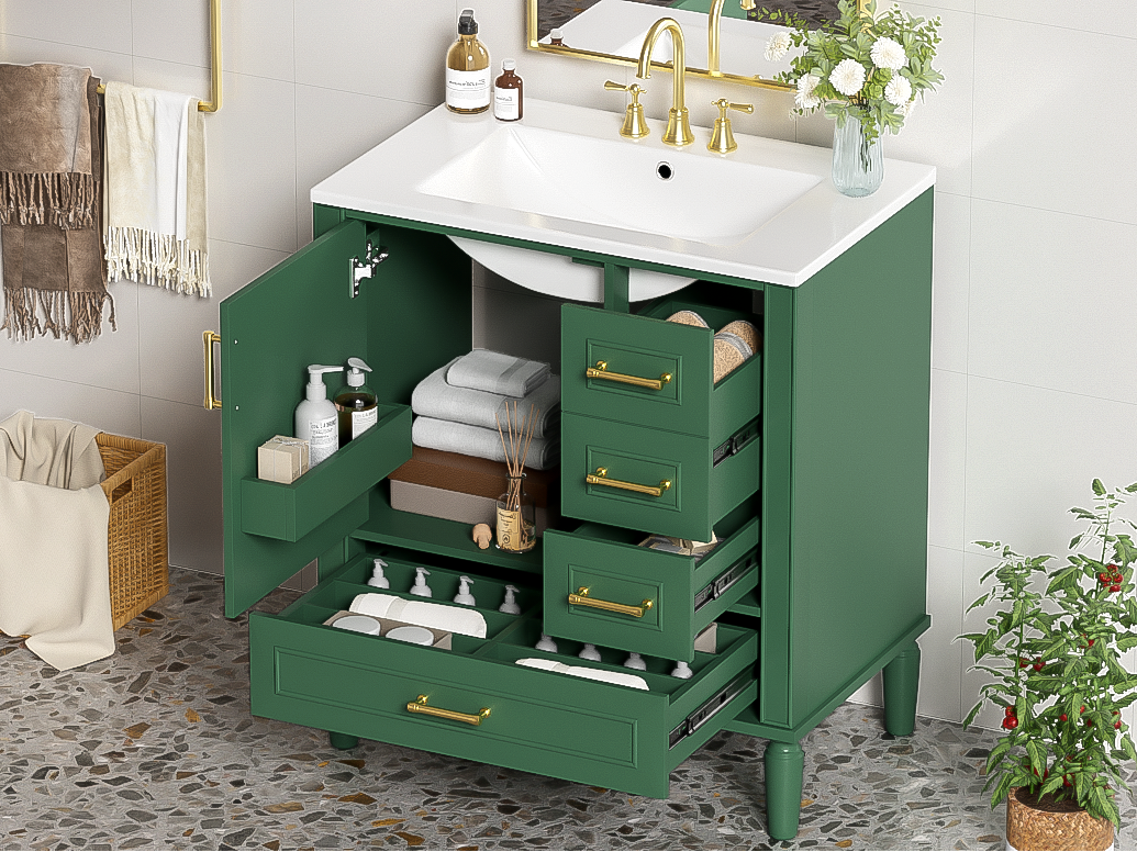 Traditional 30" Green Bathroom Vanity Set, Floor Standing, with Three Drawers, Soft Close Doors, with Long Gold Metal Handles - Perfect for Small Bathrooms