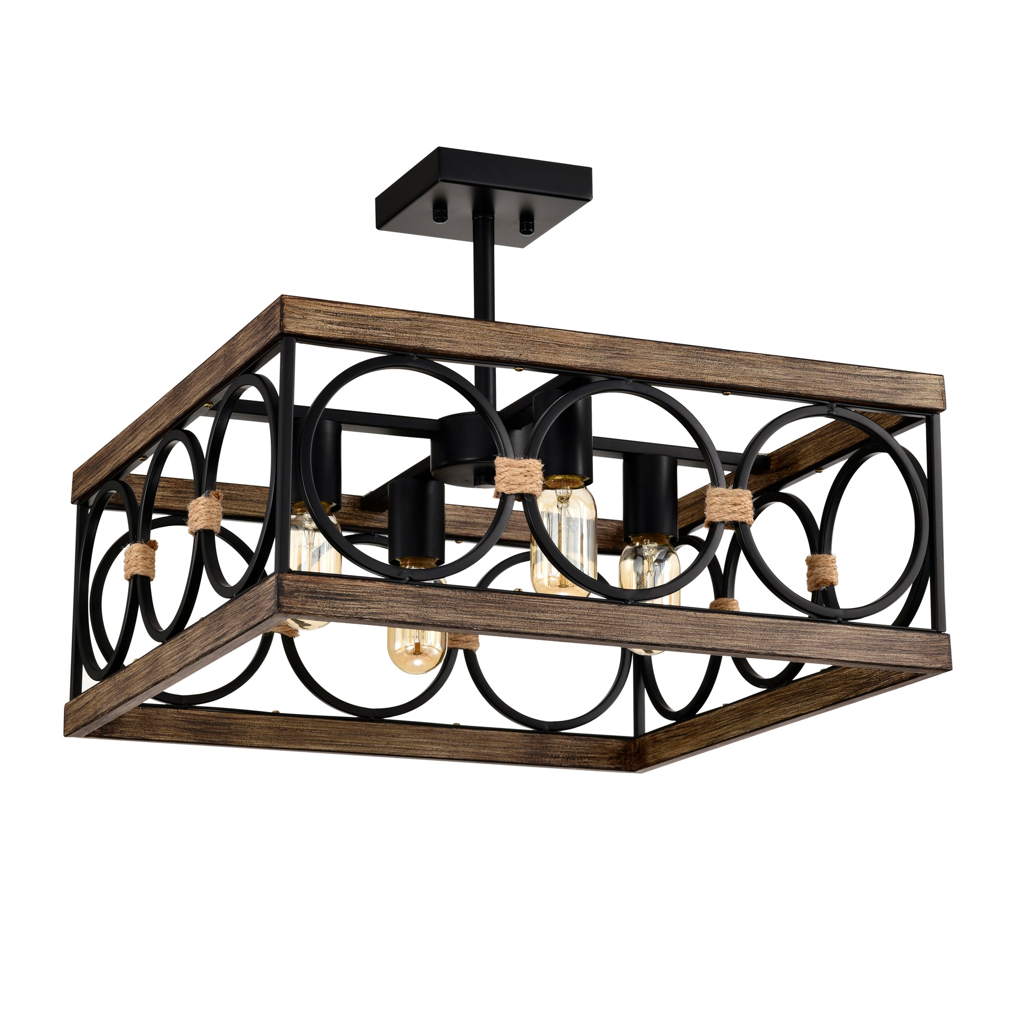 4-Light Square Kitchen Island Lights Ceiling Light Farmhouse Dining Room Light Fixture, Wood and Black Metal Rectangular Ceiling Light, Ceiling Lighting for Living Room,Conference Room, Home Office