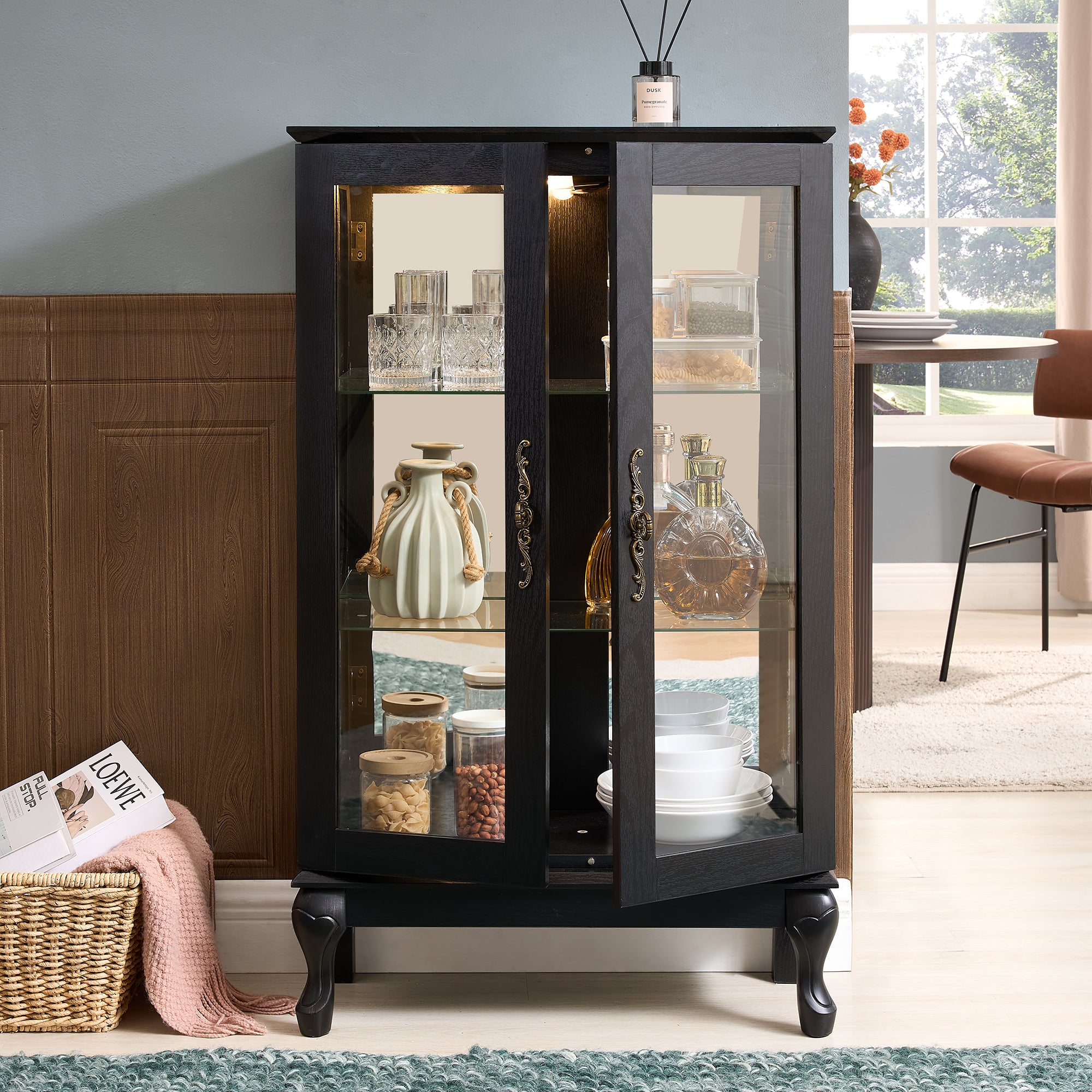 Curio Cabinet with Tempered Glass Doors, Lighted Display Cabinet with Mirrored Back Panel & Adjustable Shelves Perfect for Home or Office (Light Bulb Included)- Black