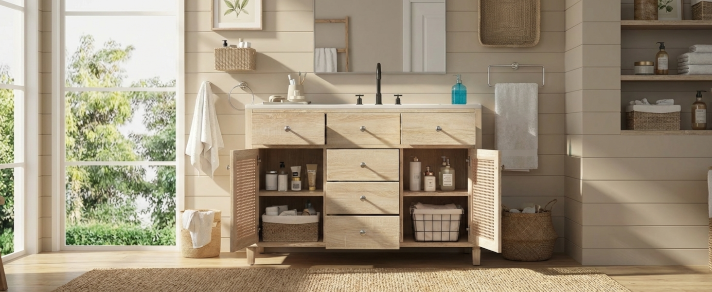 48-Inch Natural Rattan Bathroom Vanity: Solid Wood Frame, 5 Drawers, 2 Rattan Cabinet Doors & Premium Ceramic Sink