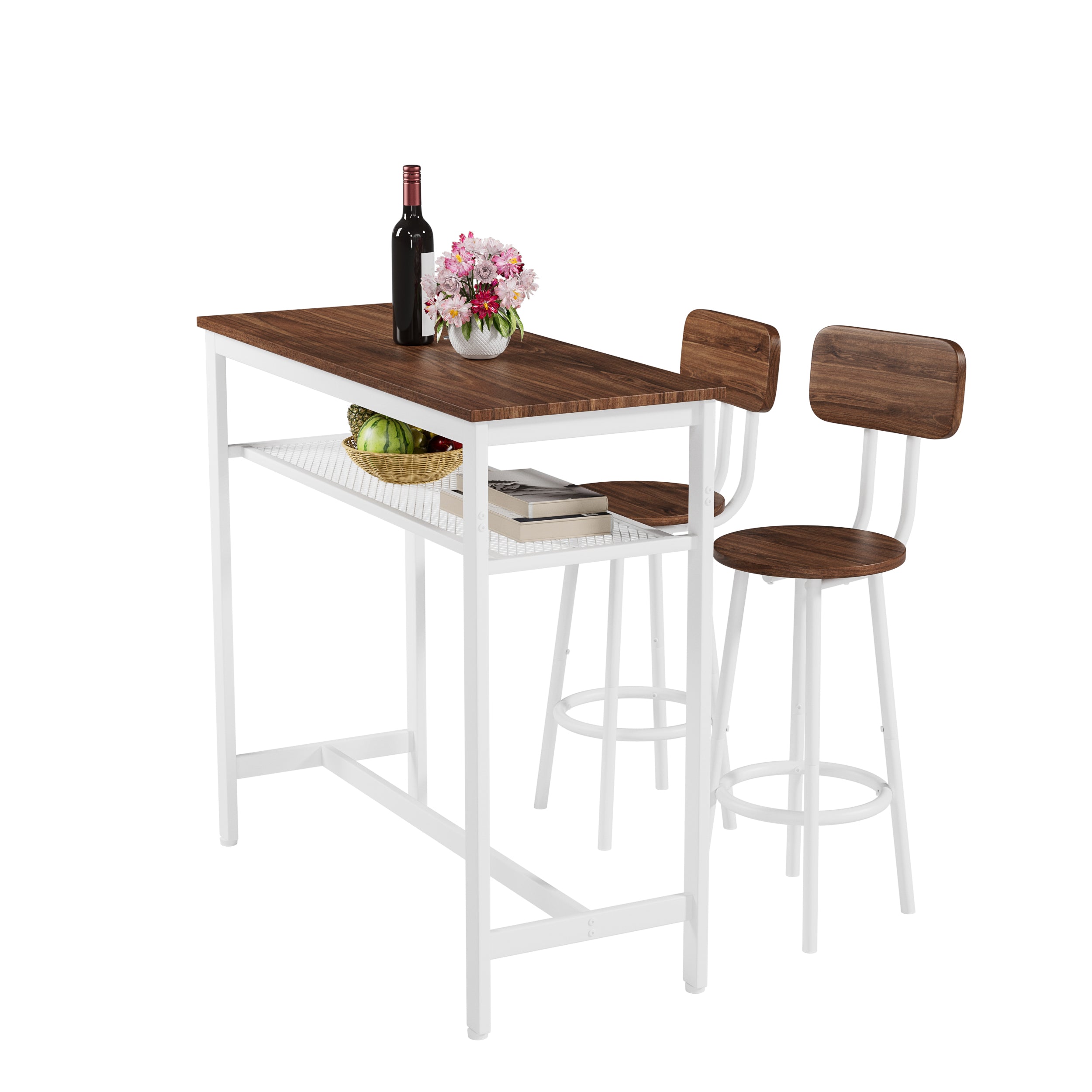 3 Piece Bar Table Set, Bar Table and Chairs Set of 2 with Metal Frame and Storage Rack , Modern Counter Height Table with 2 Stools for Kitchen, Dining Room, Living Room Breakfast Table Wood Top