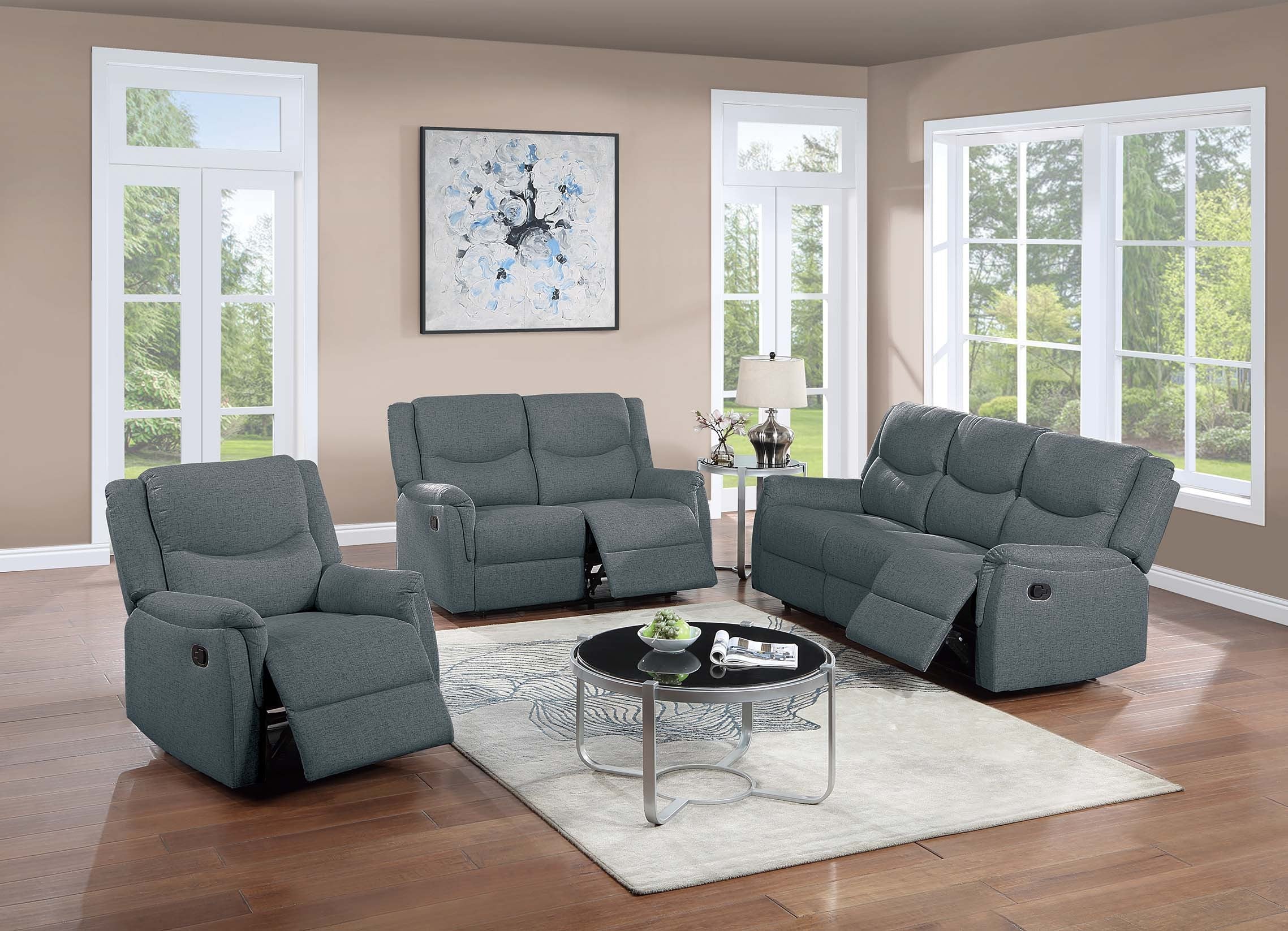 Modern Style 3pc Living Room Set Fully Upholstered Supportive Backrest Dark Gray Finish Manual Motion Primary Living Room Furniture