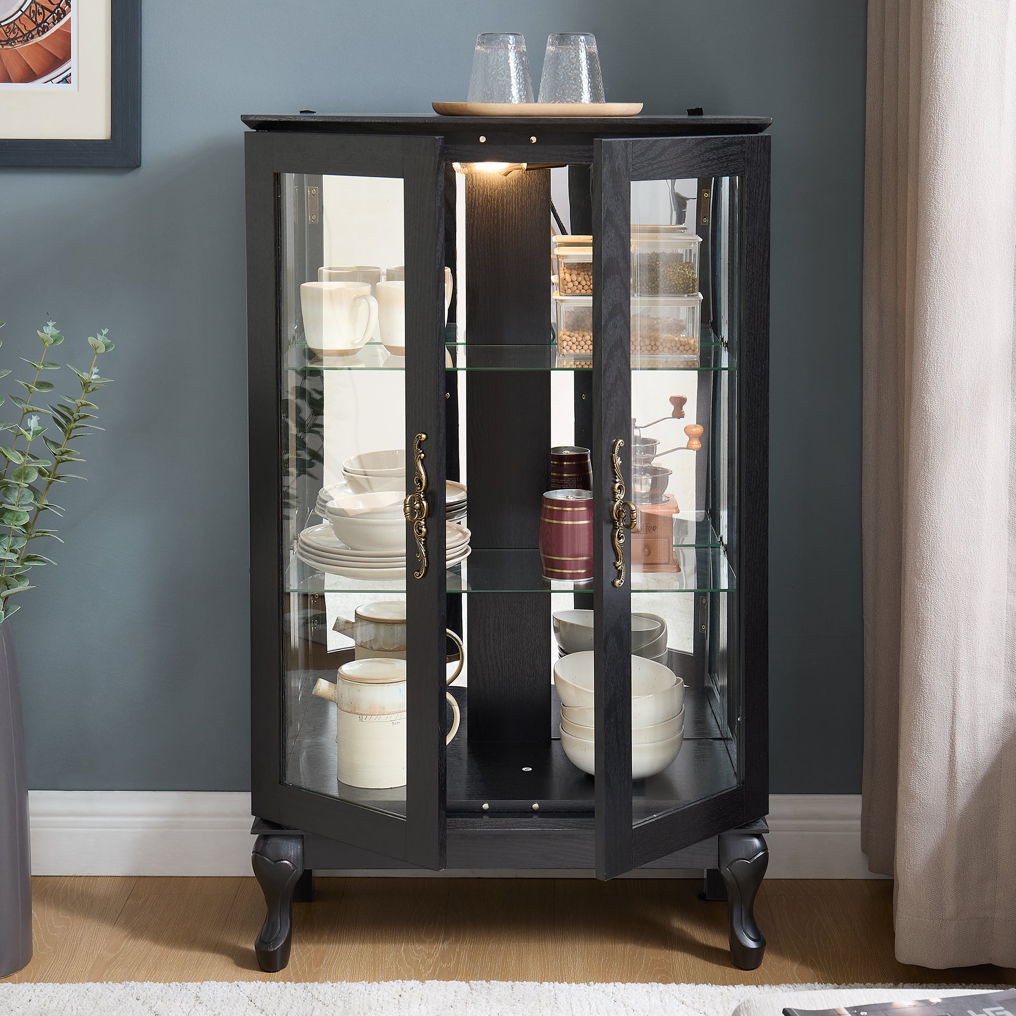 Curio Cabinet with Tempered Glass Doors, Lighted Display Cabinet with Mirrored Back Panel & Adjustable Shelves Perfect for Home or Office (Light Bulb Included)- Black
