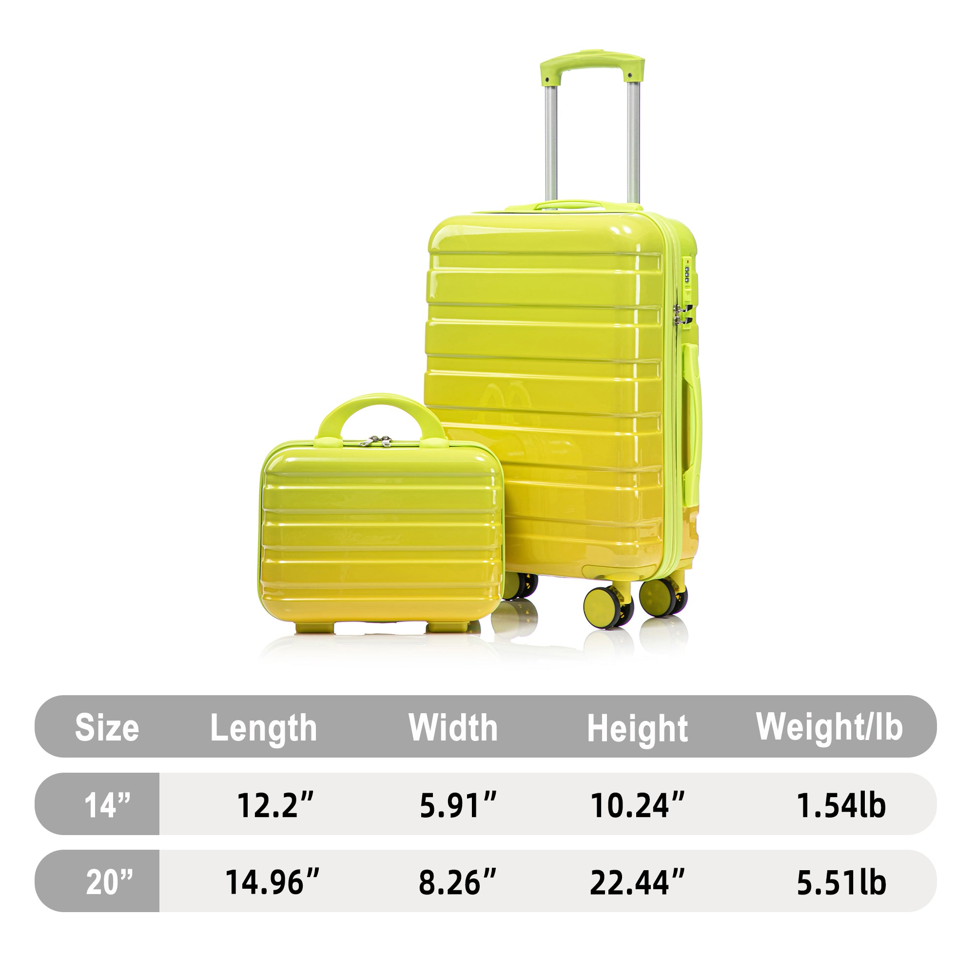 20" Carry-On Suitcase + 14" Cosmetic Case Set (PC Hard Shell, Gradient Yellow/Green)