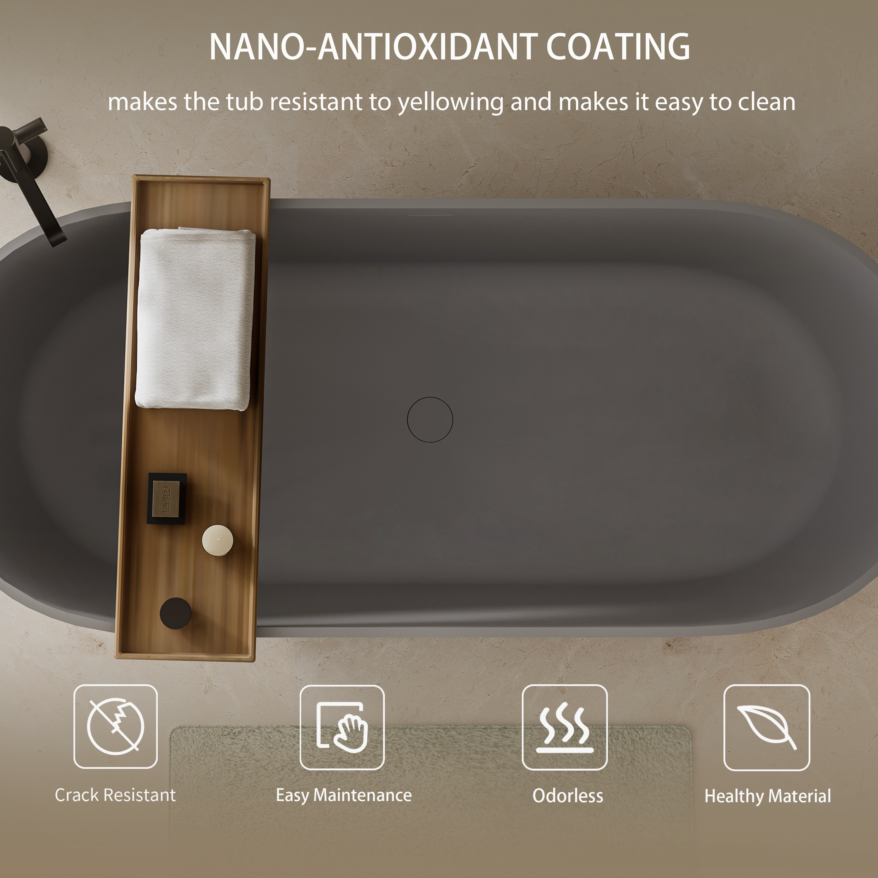 59" Luxury Engineered Solid Surface Bathtub, Stone Resin Freestanding Soaking Bathtub with Overflow and Pop-up Drain for Contemporary Bathroom, Matte Grey 24S03-59MG