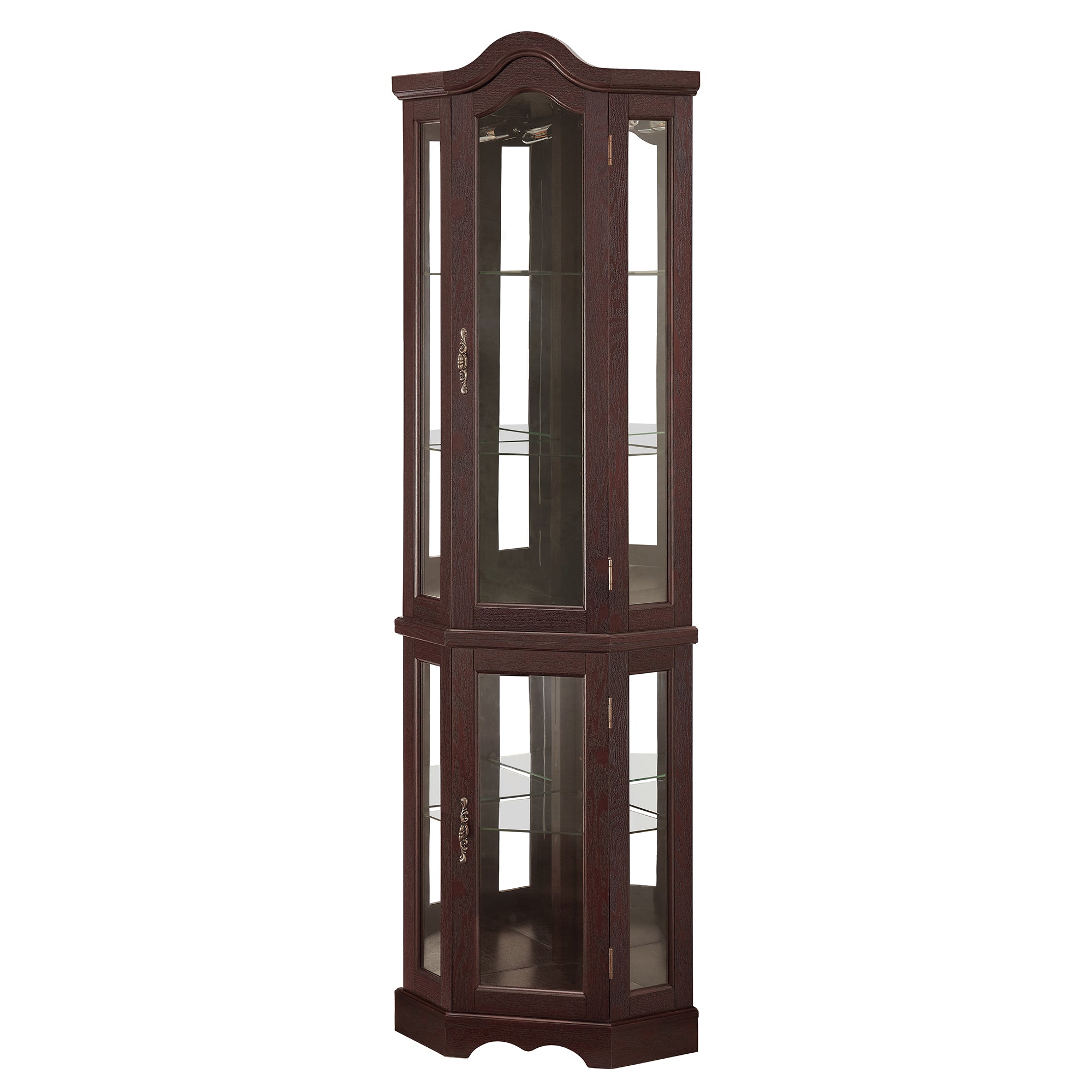 Lighted Corner Curio Cabinet with Tempered Glass Doors & Shelves - Elegant Oak Display Storage for Living Room & Bedroom Decor-DARK CHERRY