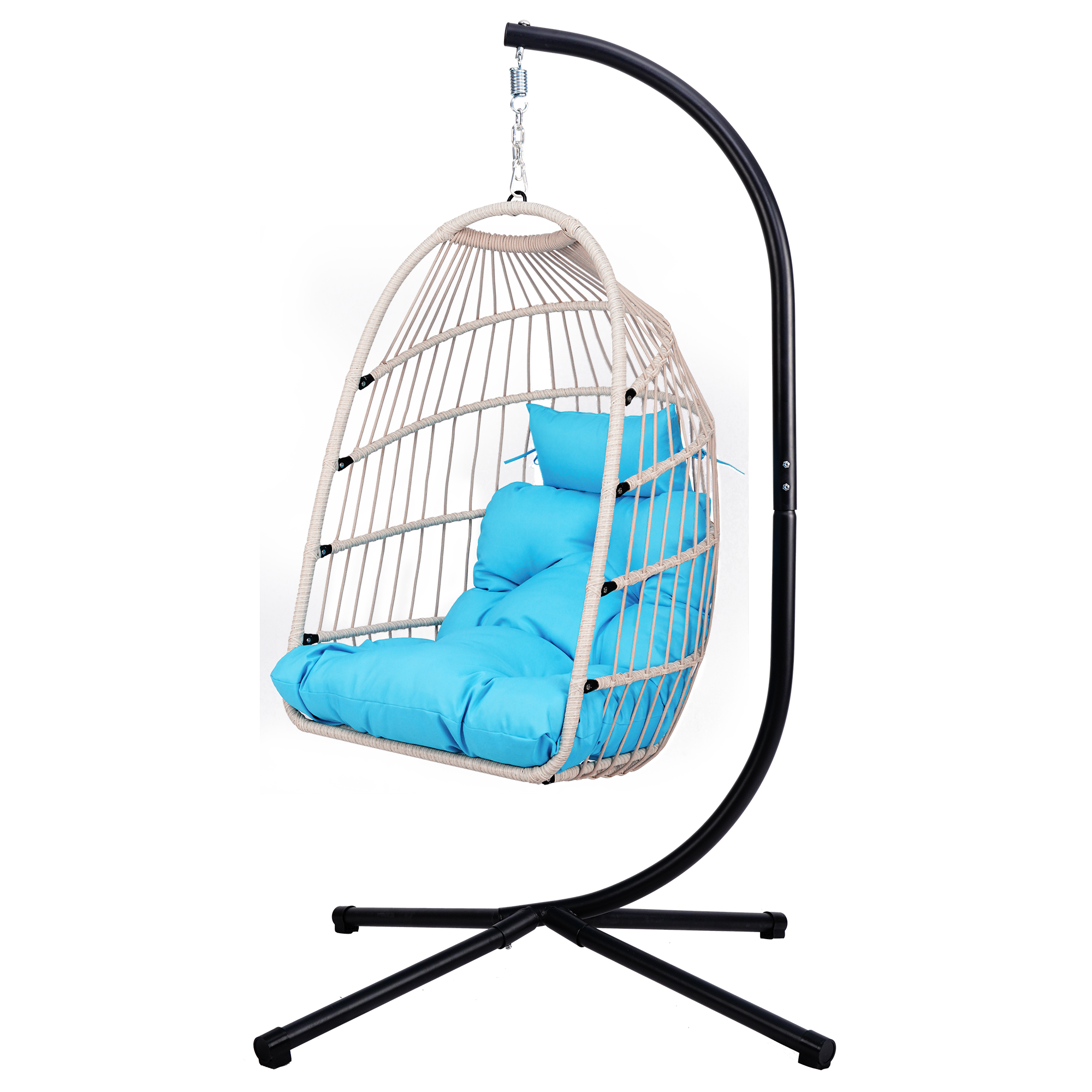 Foldable Hanging Egg Chair with Stand and Pillow, HDPE Rattan and Heavy Duty Aluminum-Steel Frame, Outdoor Patio Wicker Swing Egg Chair with Headrest and Cushioned, 350 Lbs Capacity (Blue)