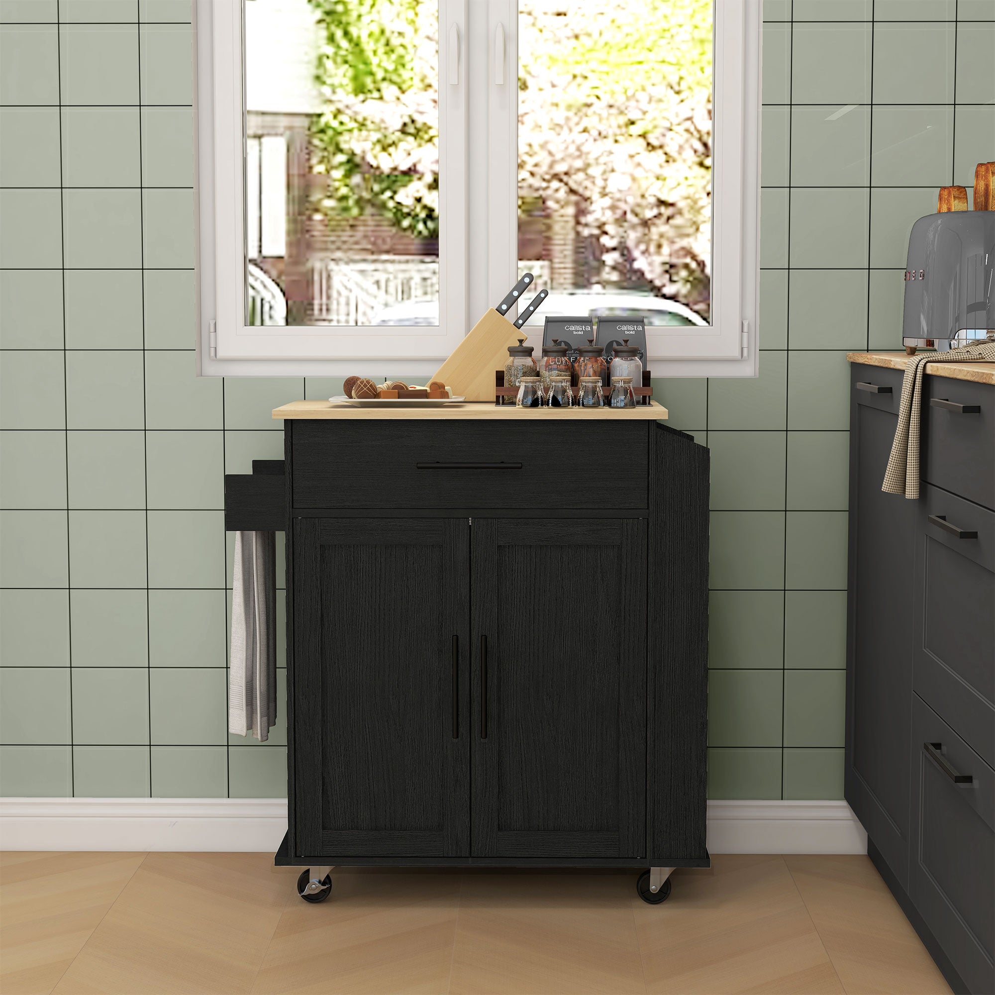 HOMCOM Rolling Island with Wheels for Kitchen, Kitchen Island on Rollers with Power Outlets, Drawer, and Doors, Black