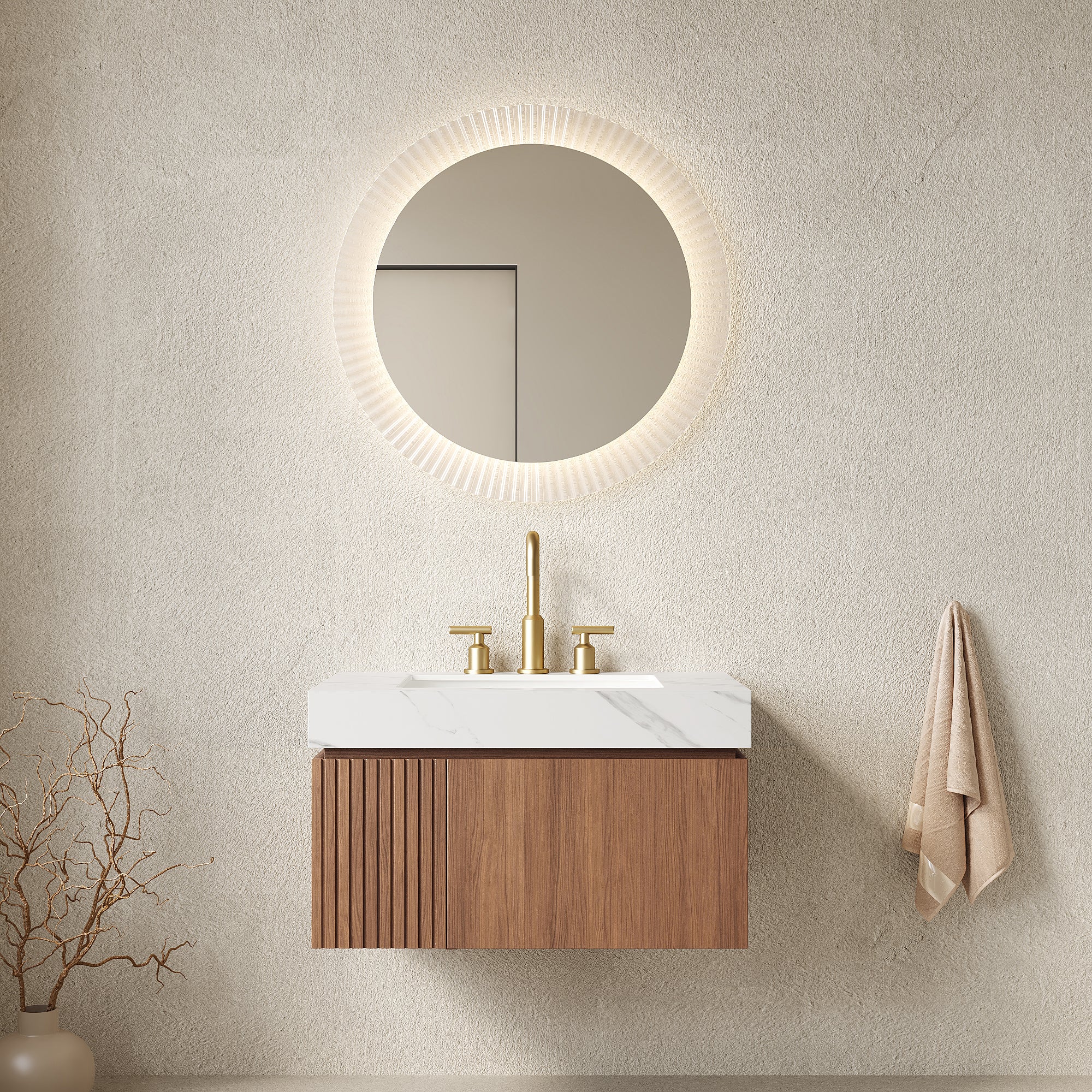 MURI 30" Bathroom Vanity&Sink, Floating Plywood Storage Cabinet with Drawer&Door, Carrara White Sintered Stone Top&Ceramic Basin with 3 Pre-drilled Faucet Holes, Pre-assembled, Brown Oak Woodgrain