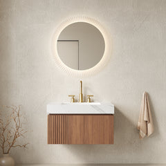 MURI 30" Bathroom Vanity&Sink, Floating Plywood Storage Cabinet with Drawer&Door, Carrara White Sintered Stone Top&Ceramic Basin with 3 Pre-drilled Faucet Holes, Pre-assembled, Brown Oak Woodgrain