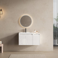 36" Bathroom Vanity With Resin Sink , 2-Soft Close Doors and 1-Side Cabinet, Float Mounting Design, Glossy White, Plywood(KD-Packing)