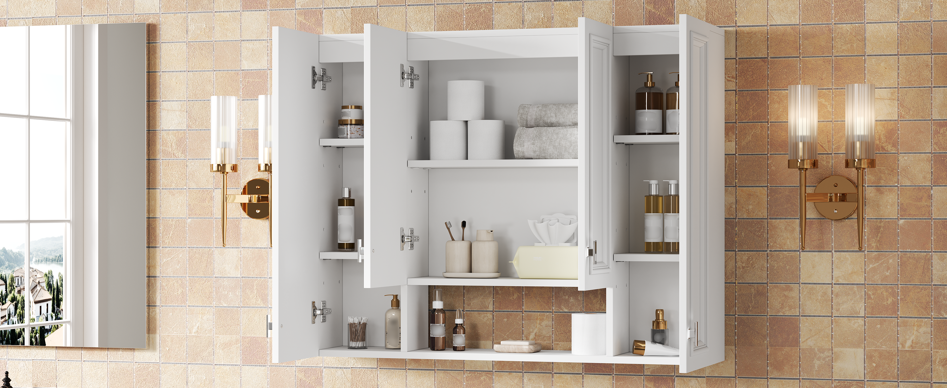 Modern Bathroom Cabinet with 5 Adjustable Shelves, Wall-Mounted Medicine Cabinet for Bathroom, Soft-Closing Hinges, Open Shelving Design