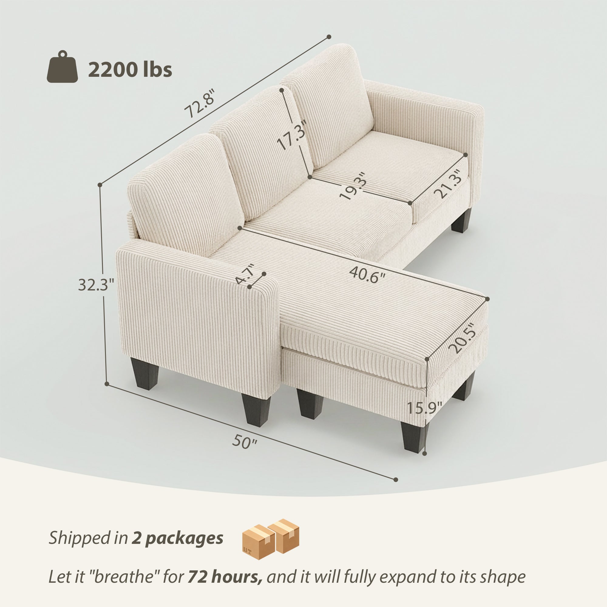 HOMCOM Sectional Sofa, L Shaped Couch, with Reversible Chaise or Ottoman, Cream White