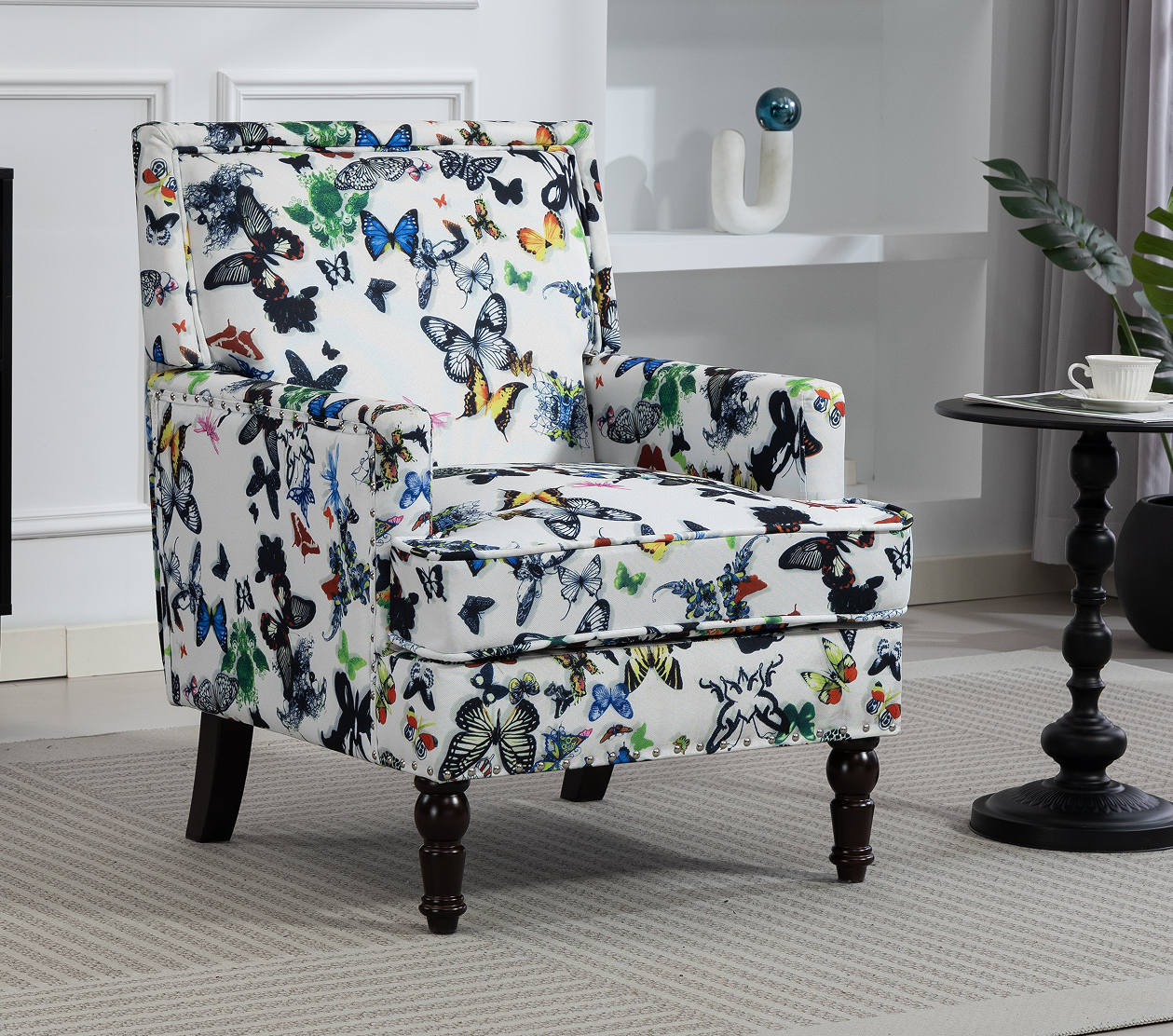 Upholstered Accent Chair, Vintage Armchair with butterfly  Linen Fabric and Nailhead Trim for Living Room