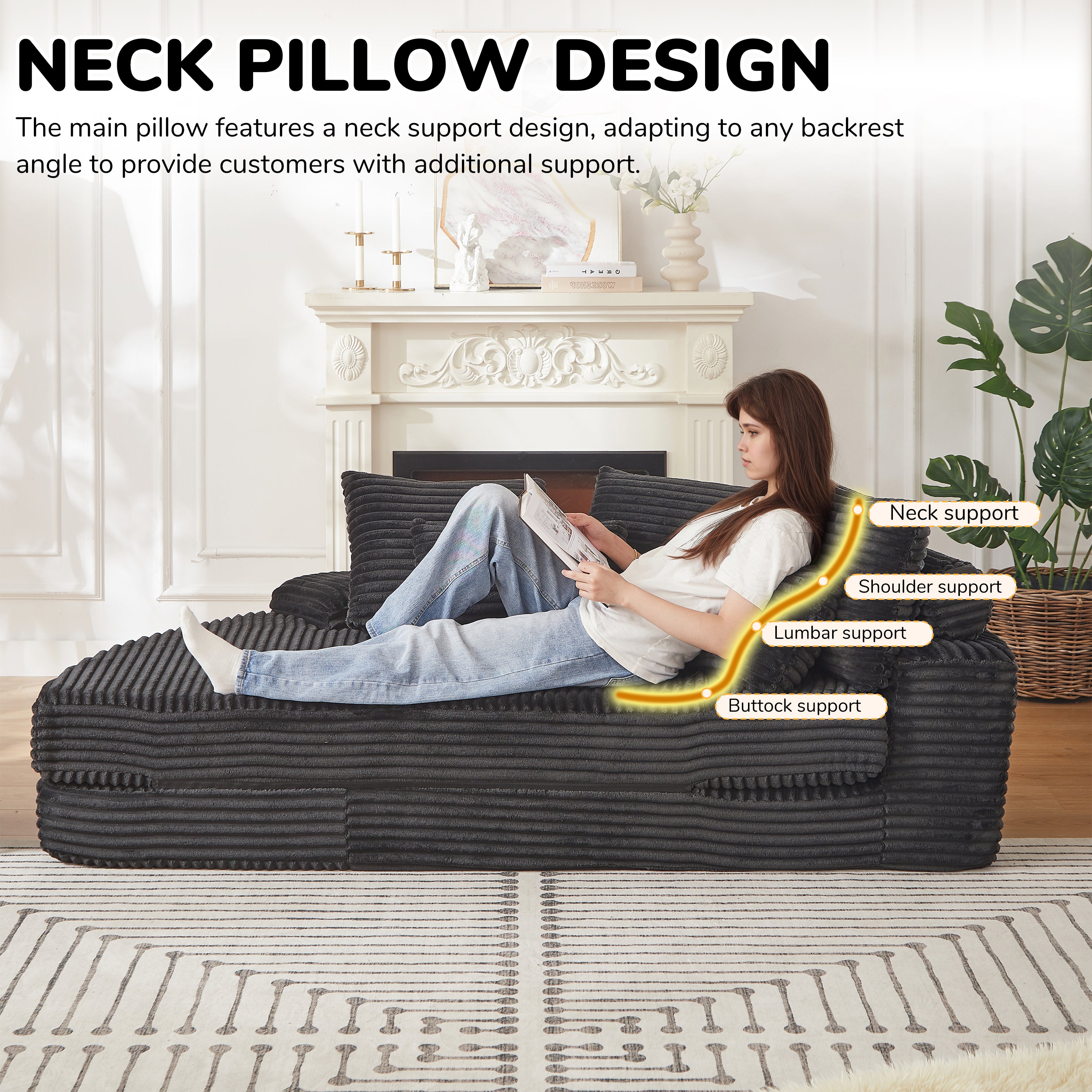 78.5-Inch Corduroy Semi-Circular 2-in-1 Sofa Bed, Designer Recliner with Neck Pillow and Five Throw Pillows in Living Room