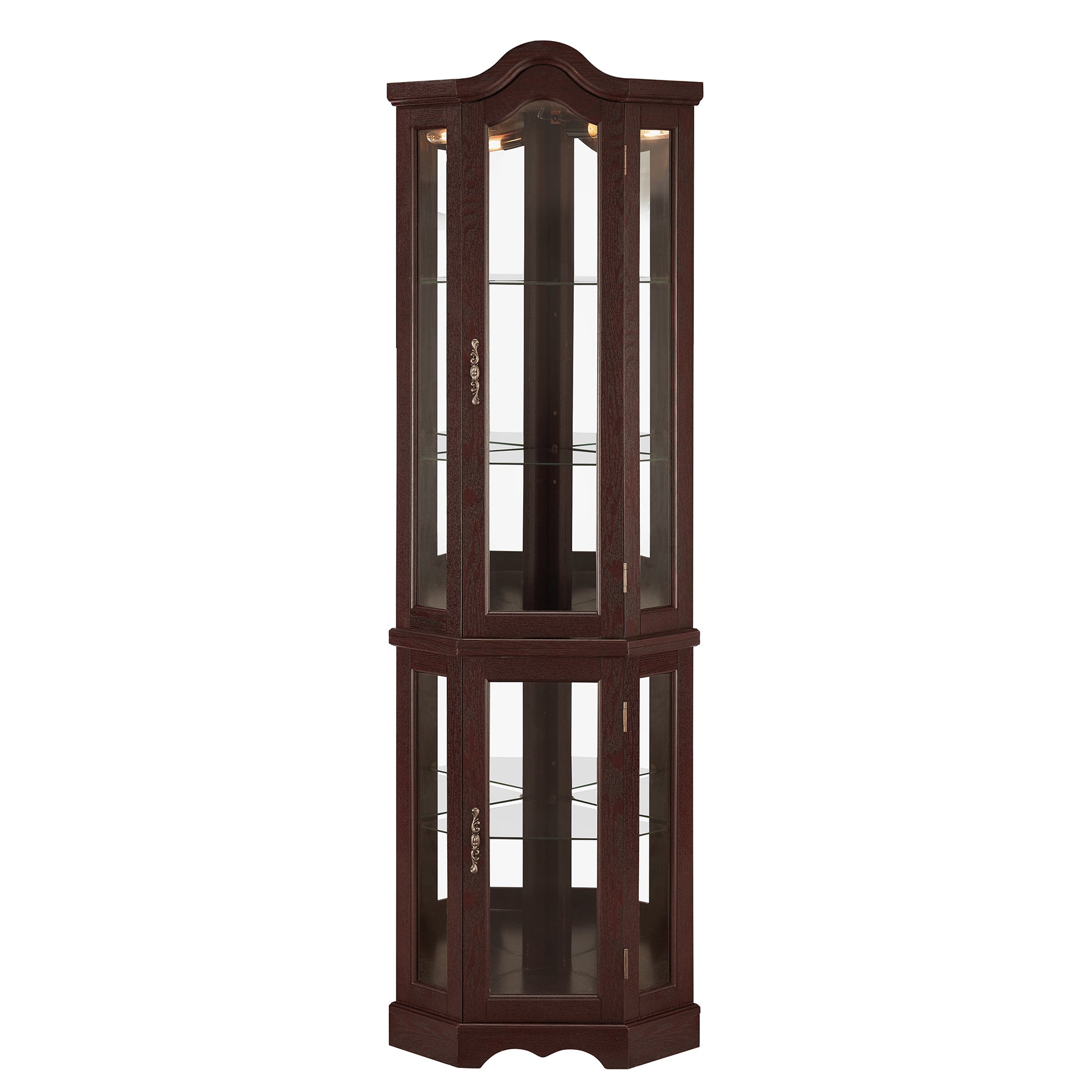 Lighted Corner Curio Cabinet with Tempered Glass Doors & Shelves - Elegant Oak Display Storage for Living Room & Bedroom Decor-DARK CHERRY
