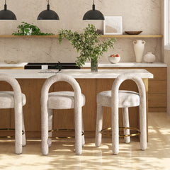 Penny 26.5" Round Arched Upholstered Counter Stool, Set of 2, Travertine Beige Chenille