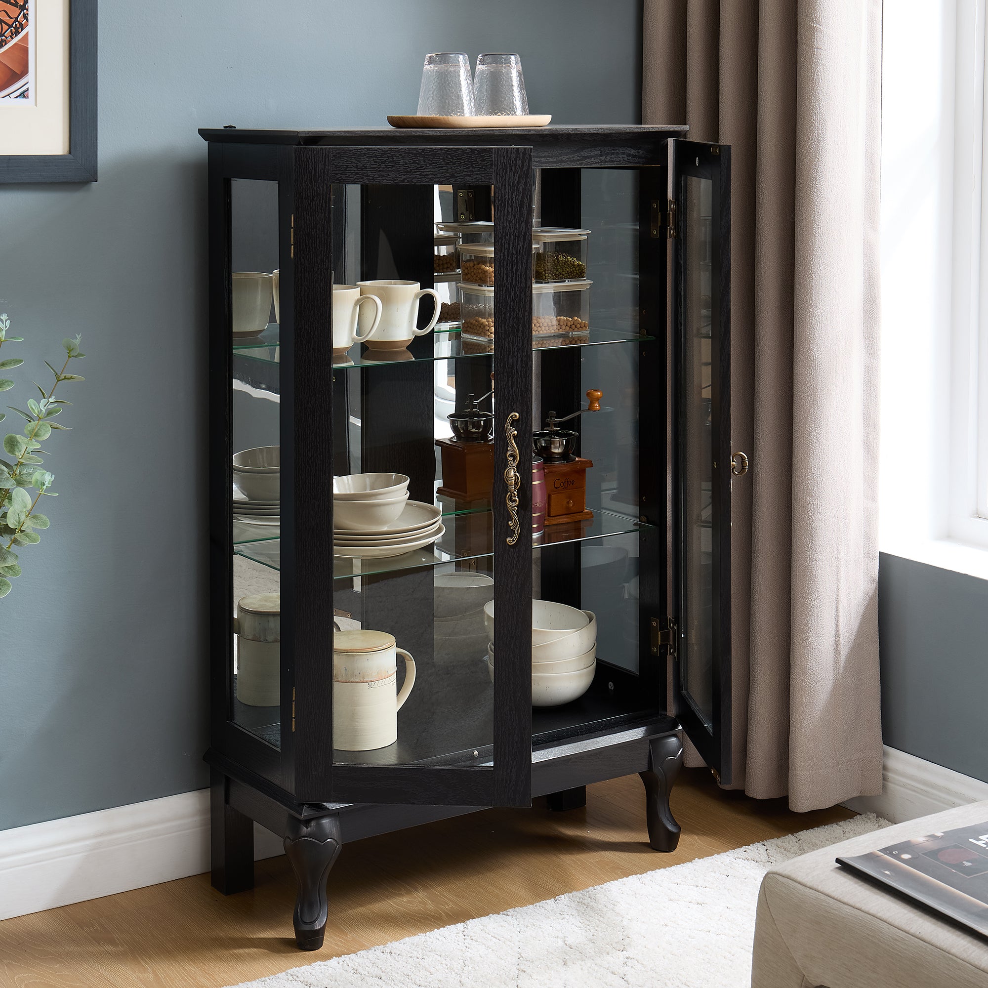 Curio Cabinet with Tempered Glass Doors, Lighted Display Cabinet with Mirrored Back Panel & Adjustable Shelves Perfect for Home or Office (Light Bulb Included)- Black