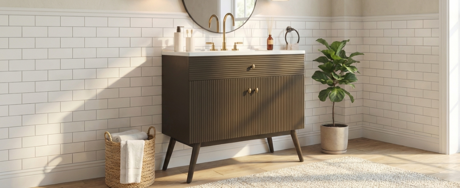 36" Luxury Striped Dark Brown Vanity: Soft-Close Dual-Door Storage & Premium Ceramic Sink