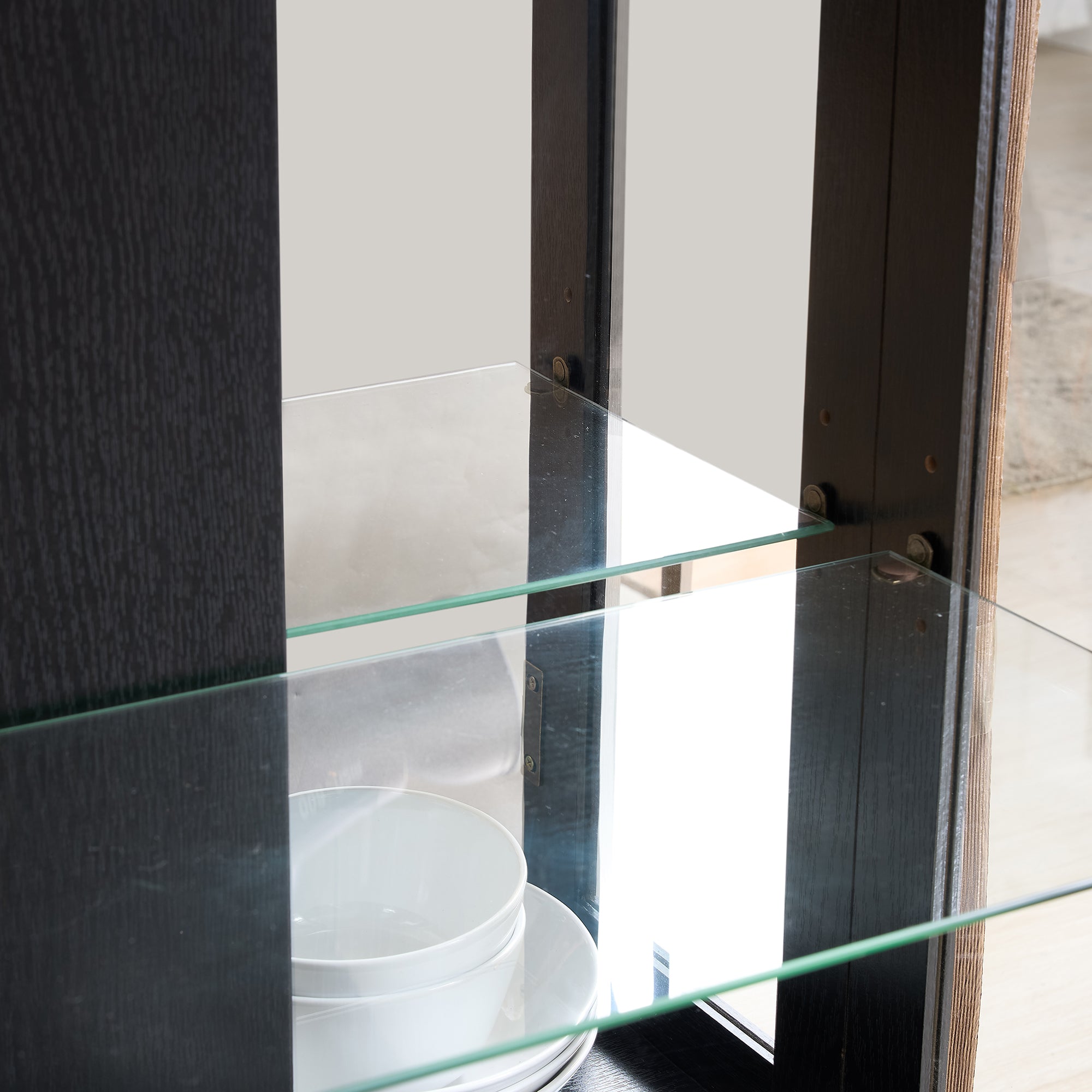 Curio Cabinet with Tempered Glass Doors, Lighted Display Cabinet with Mirrored Back Panel & Adjustable Shelves Perfect for Home or Office (Light Bulb Included)- Black