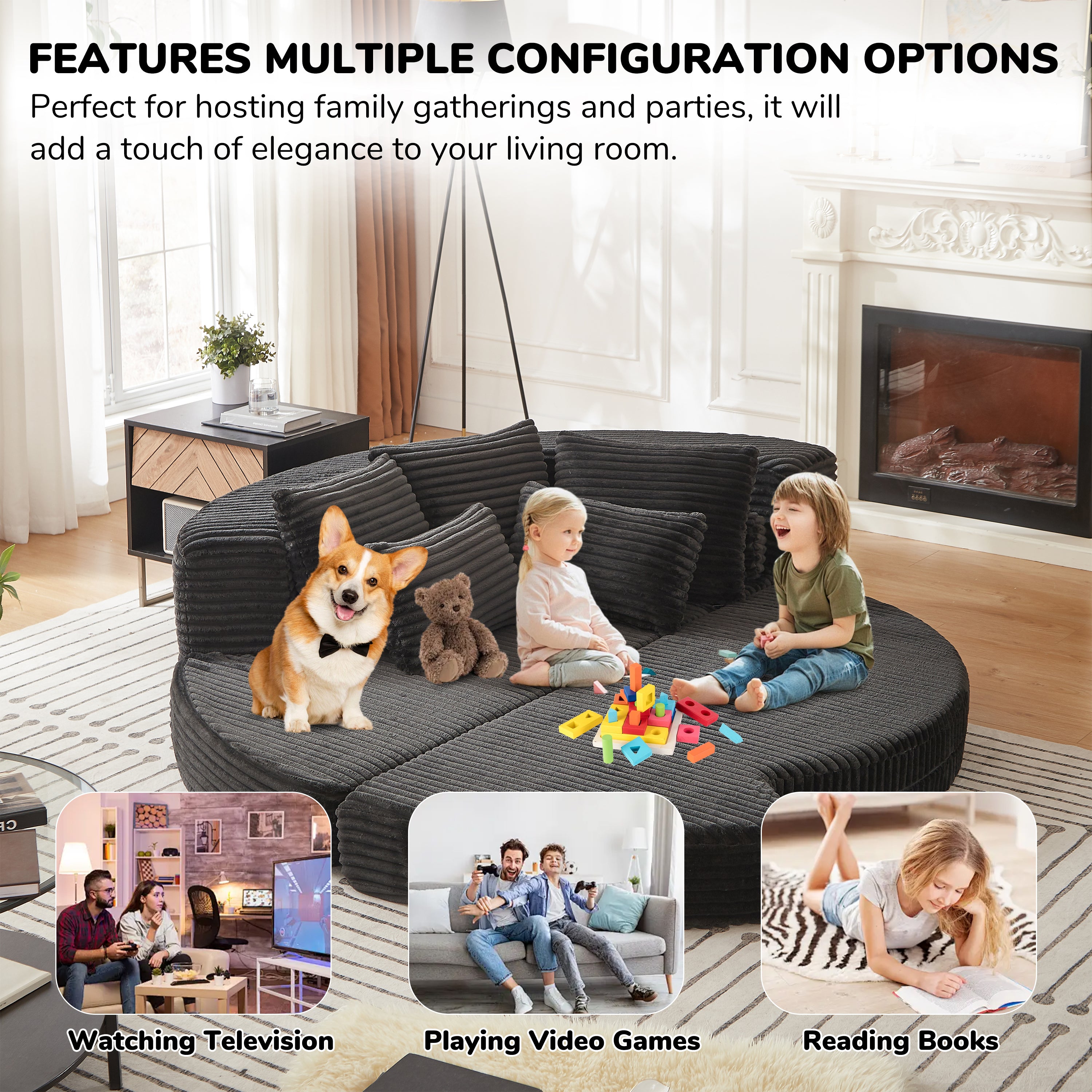 78.5-Inch Corduroy Semi-Circular 2-in-1 Sofa Bed, Designer Recliner with Neck Pillow and Five Throw Pillows in Living Room