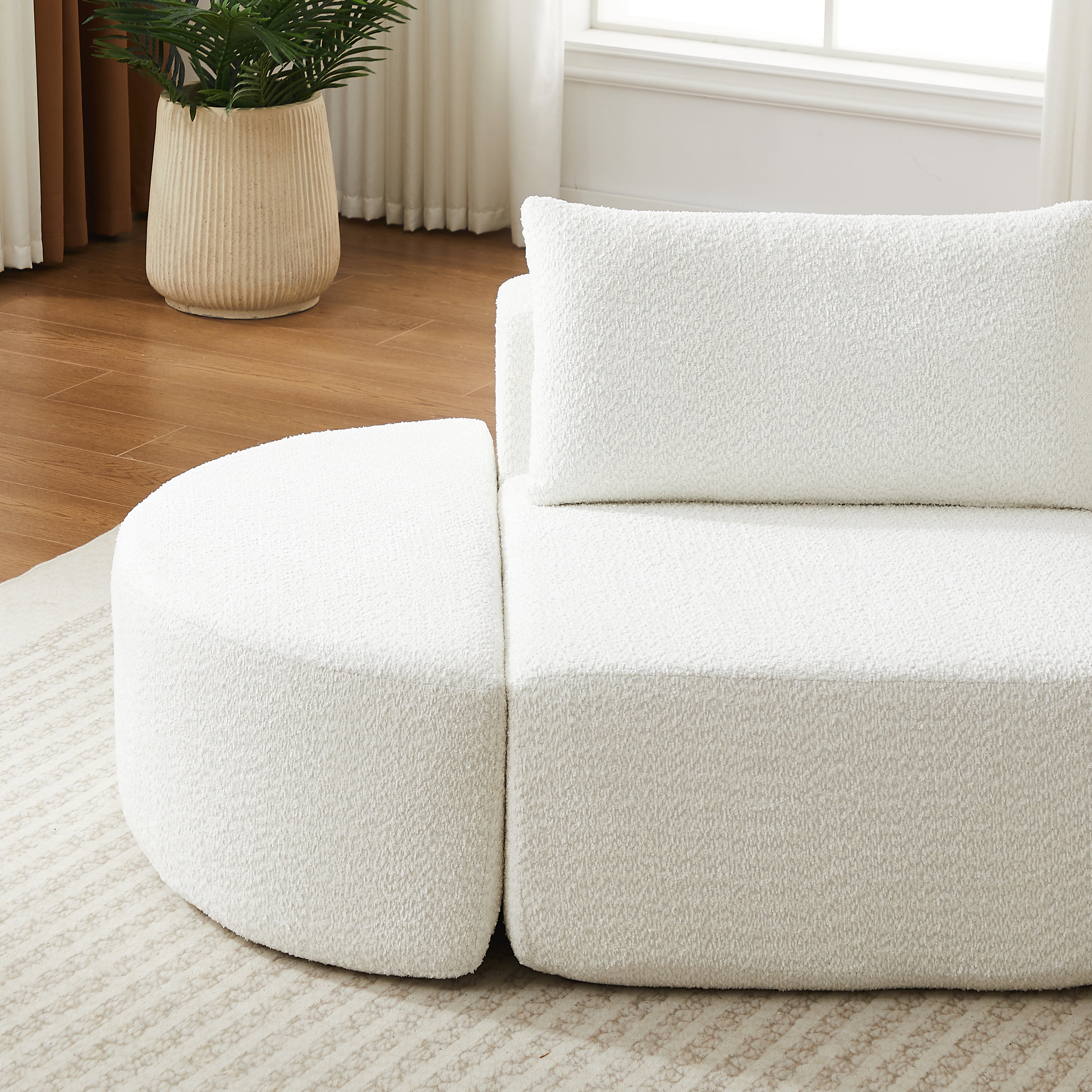 106.3-inch V-shaped modular sofa set in chenille fabric, featuring three throw pillows and two curved ottomans, perfectly suited for living rooms, bedrooms, and offices.beige