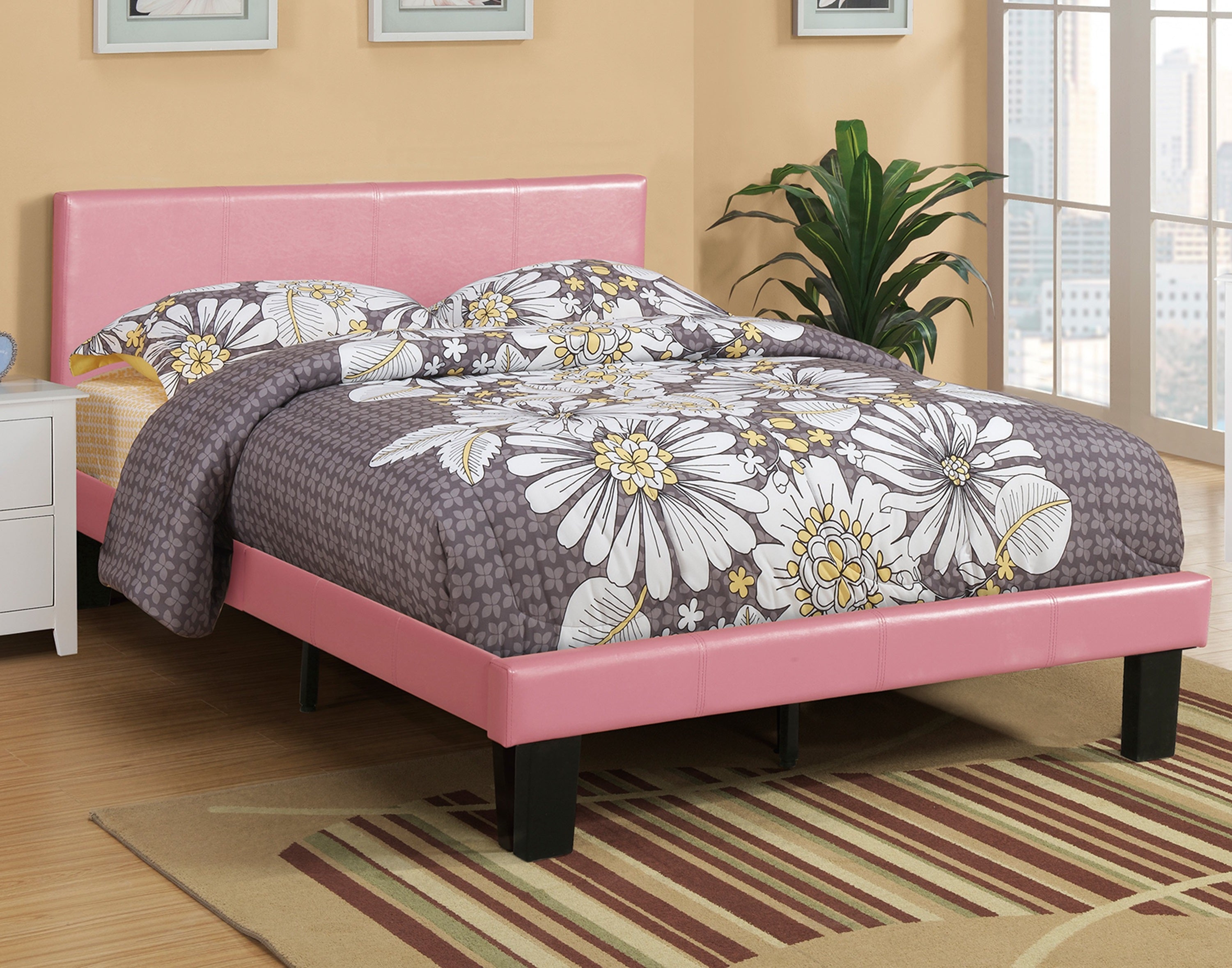Simple Modern Pink Faux Leather Upholstered Full Size Bed Bedroom Wooden Slats 1pc Platform Bedframe