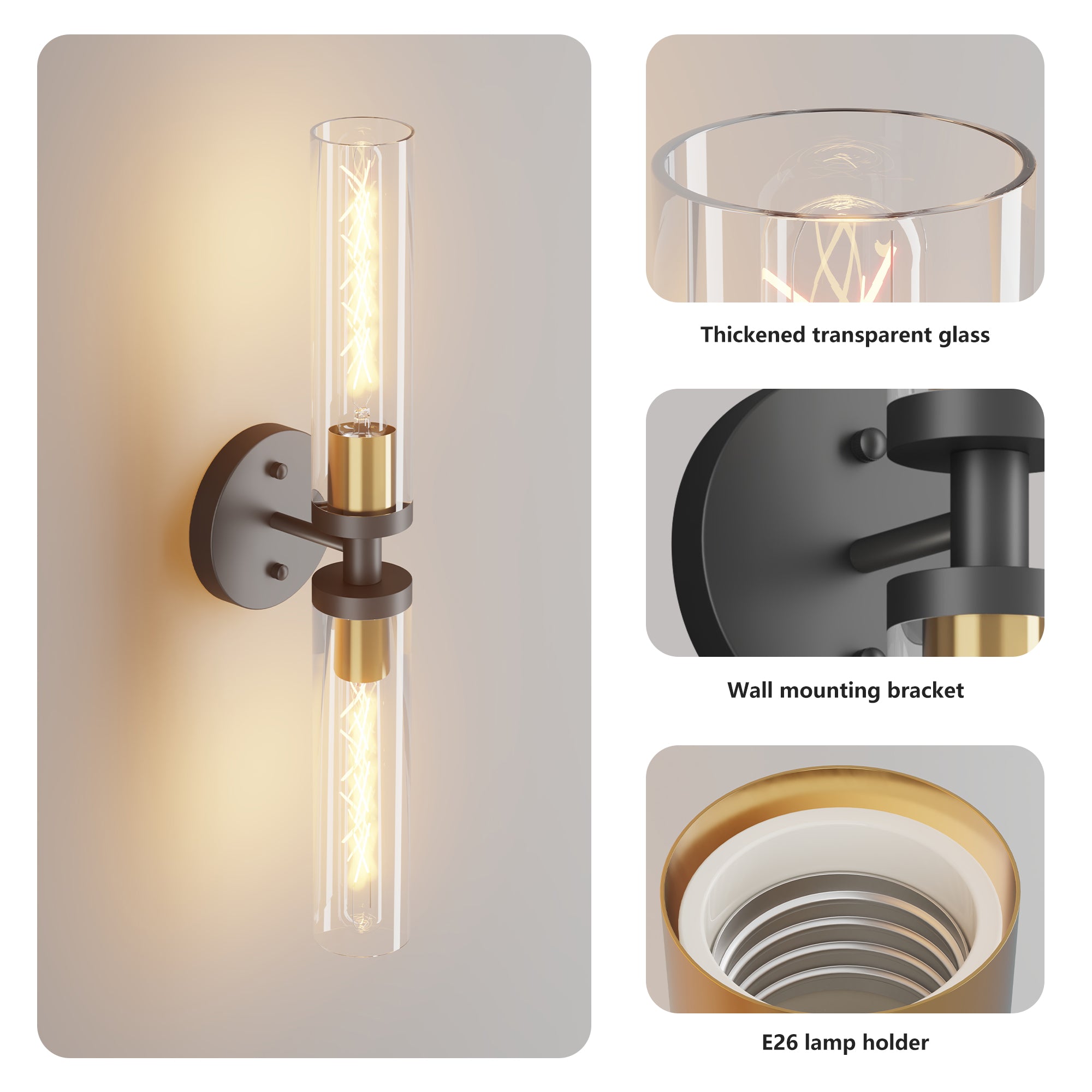 Wall Sconces Set of Two, Black and Gold Bathroom Sconces Wall Lighting with Clear Glass, Modern Sconces Wall Decor Set of 2 Wall Light fixtures for Bathroom Mirror Living Room Hallway Bedroom
