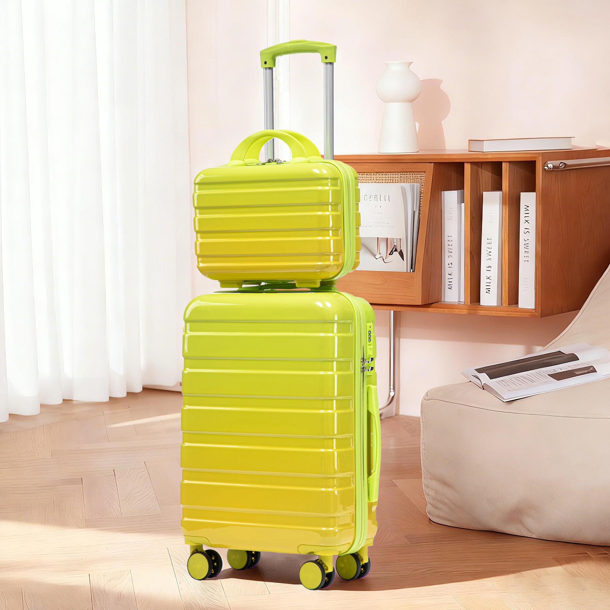 20" Carry-On Suitcase + 14" Cosmetic Case Set (PC Hard Shell, Gradient Yellow/Green)