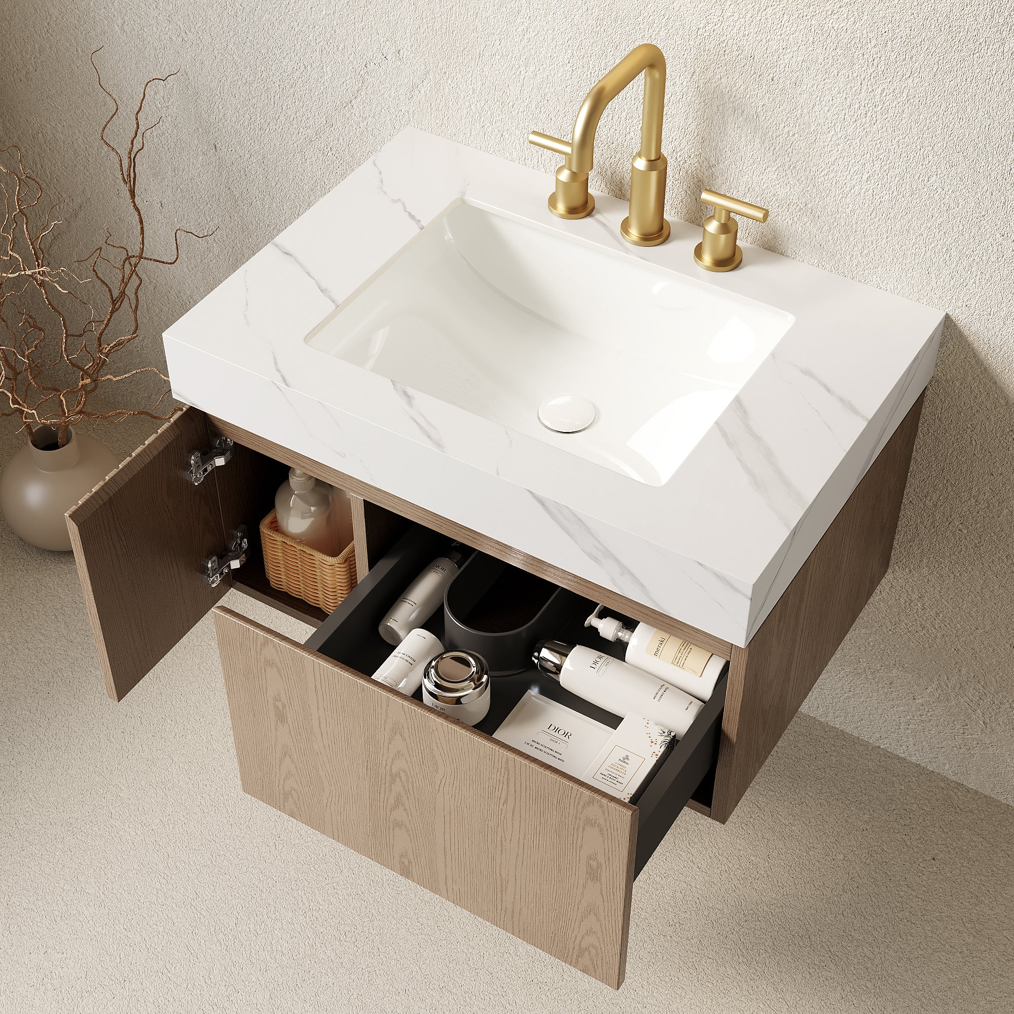 MURI 30" Bathroom Vanity&Sink, Floating Plywood Storage Cabinet with Drawer&Door, Carrara White Sintered Stone Top&Ceramic Basin with 3 Pre-drilled Faucet Holes, Pre-assembled, Heidelberg Woodgrain