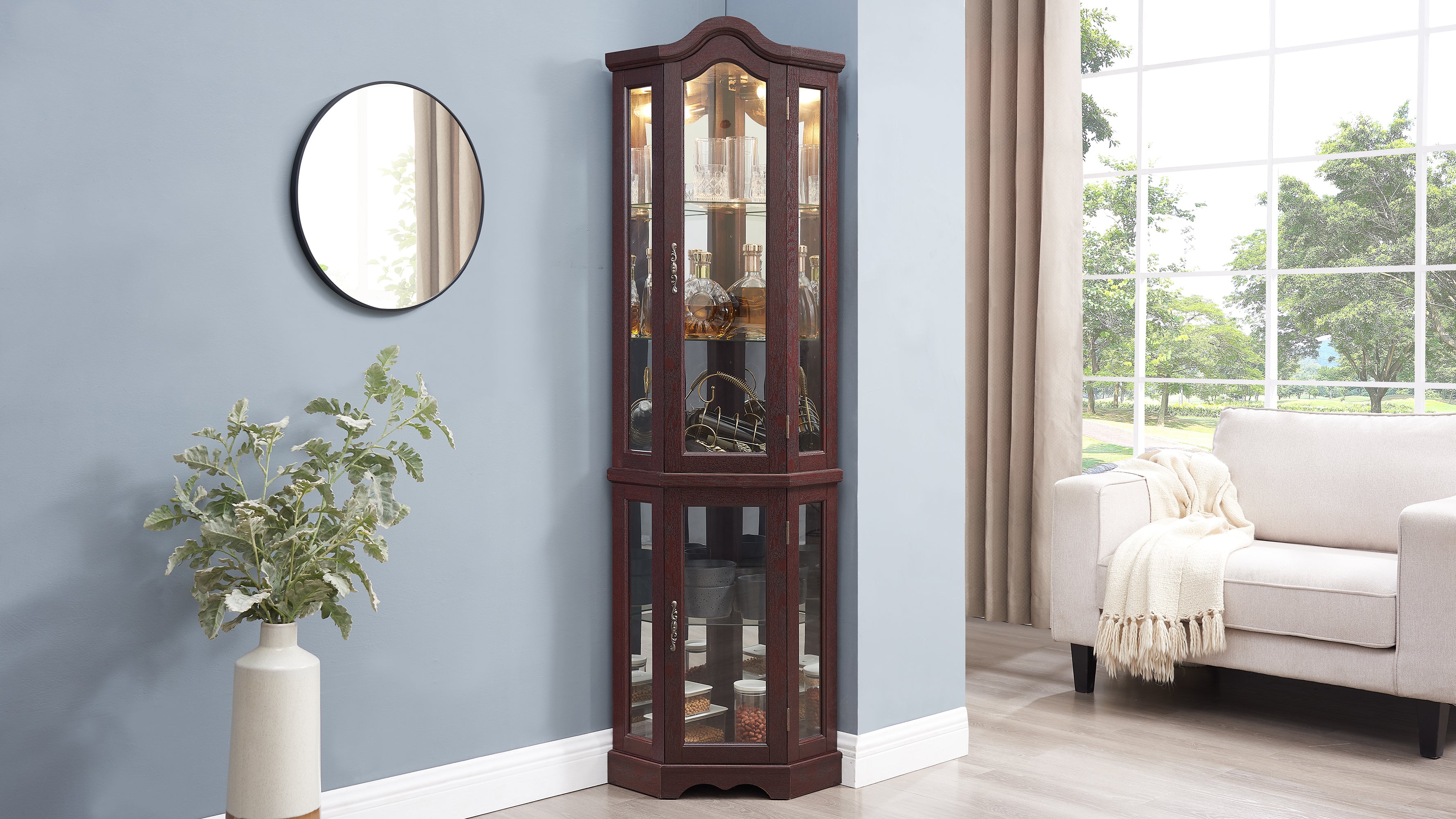Lighted Corner Curio Cabinet with Tempered Glass Doors & Shelves - Elegant Oak Display Storage for Living Room & Bedroom Decor-DARK CHERRY