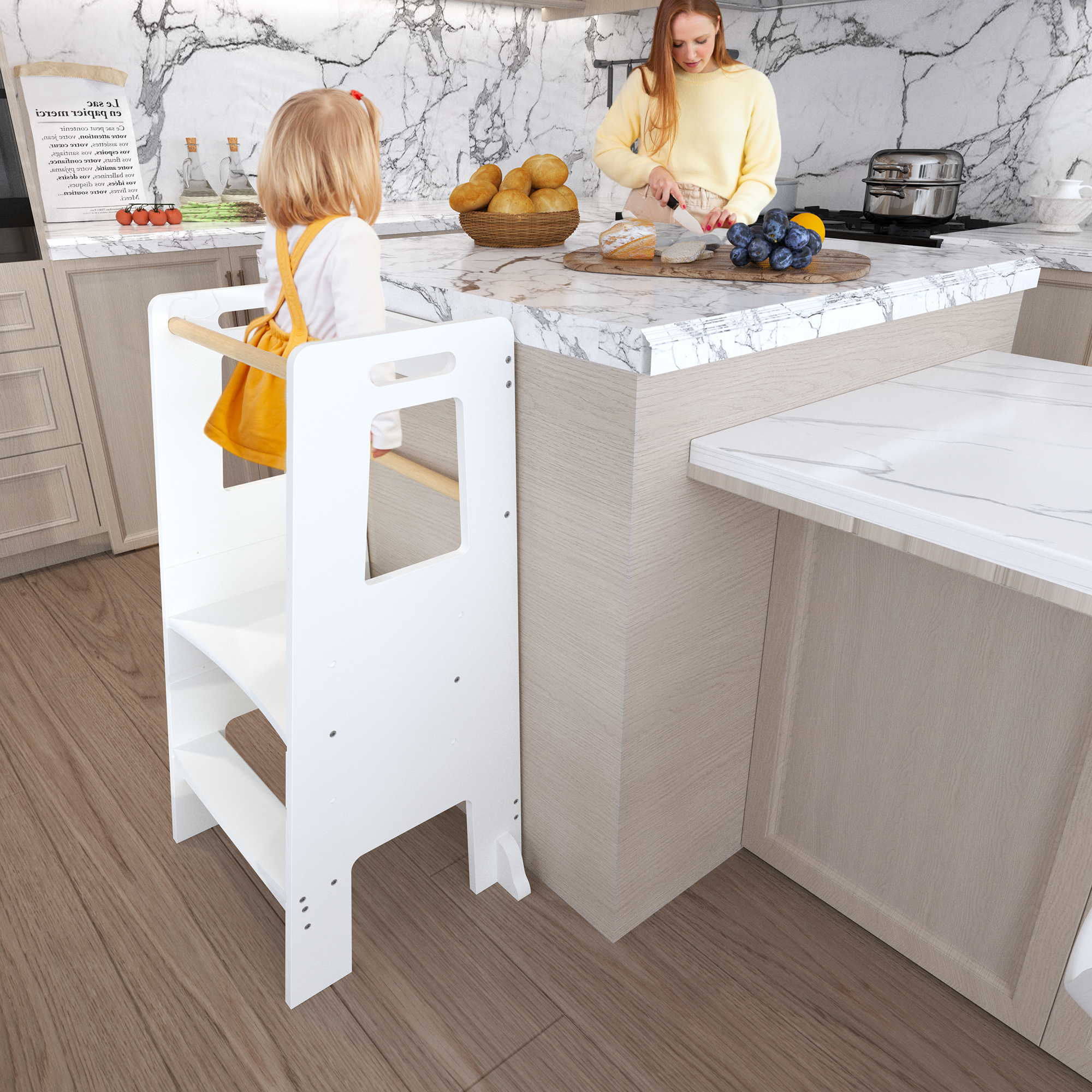 Kids Standing Tower, Child Kitchen Step Stool Toddler Wood Stepping Stool - Children's Montessori Stool - Adjustable Height, Ideal Kids Kitchen Step Stool for Learning New Skills, White