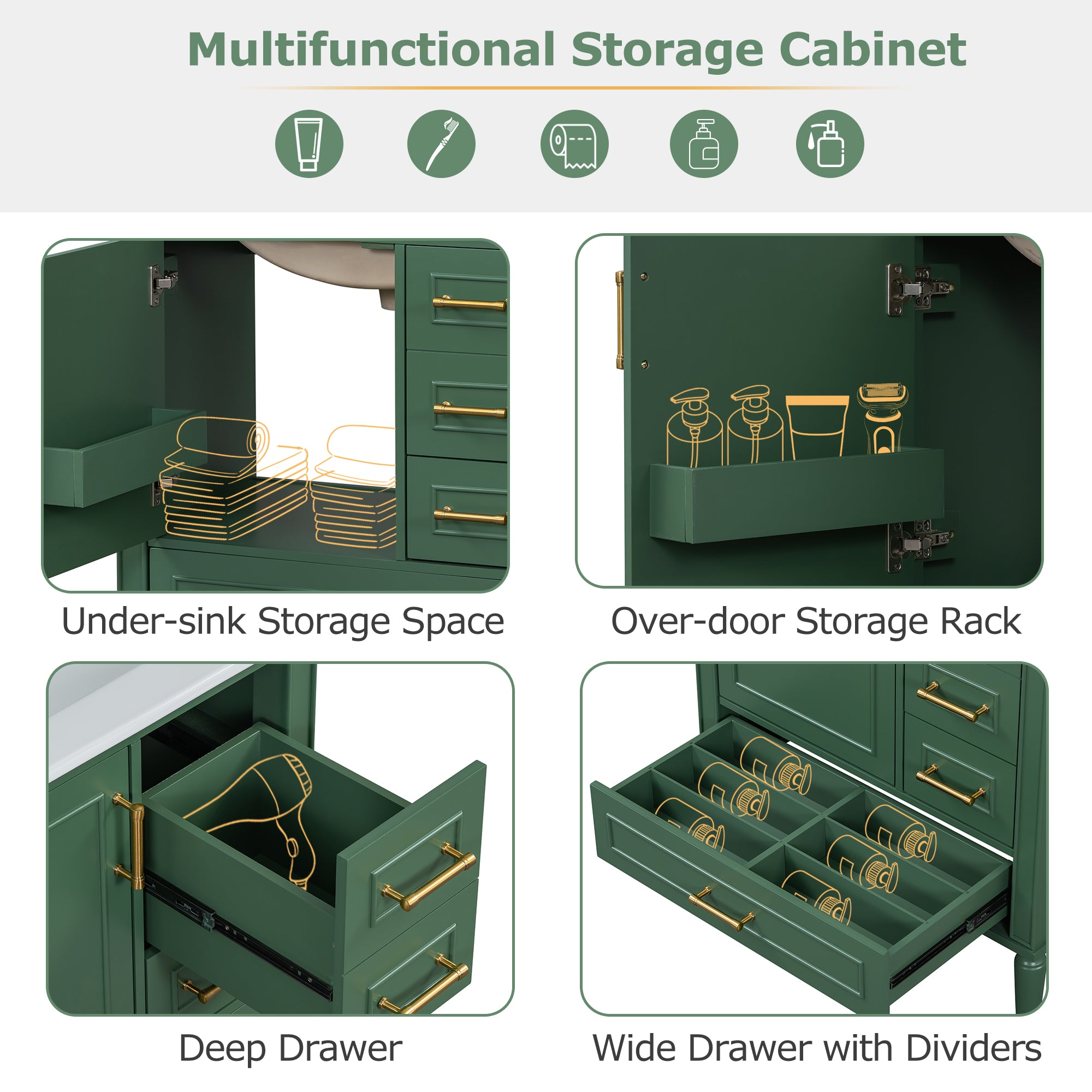 Traditional 30" Green Bathroom Vanity Set, Floor Standing, with Three Drawers, Soft Close Doors, with Long Gold Metal Handles - Perfect for Small Bathrooms