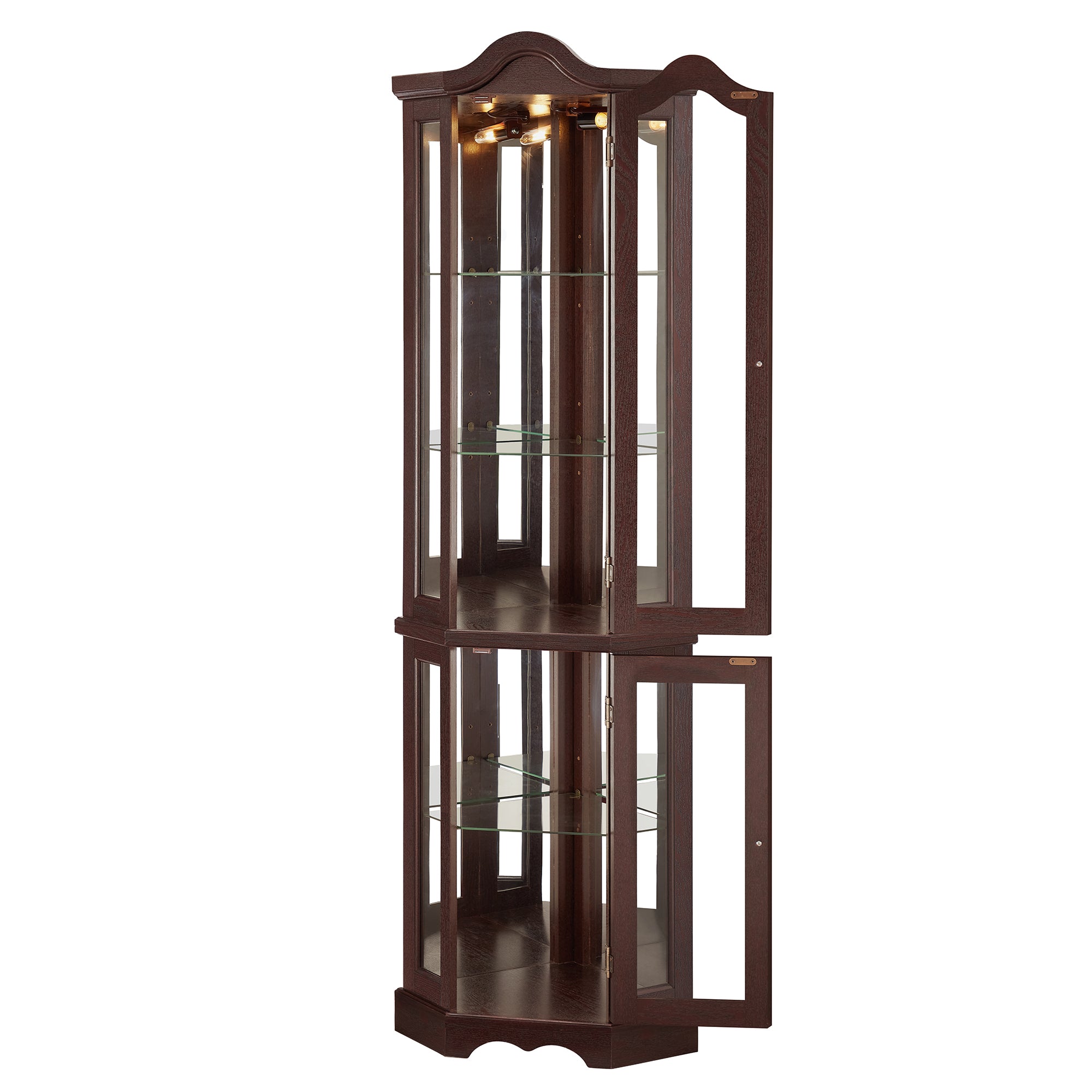 Lighted Corner Curio Cabinet with Tempered Glass Doors & Shelves - Elegant Oak Display Storage for Living Room & Bedroom Decor-DARK CHERRY